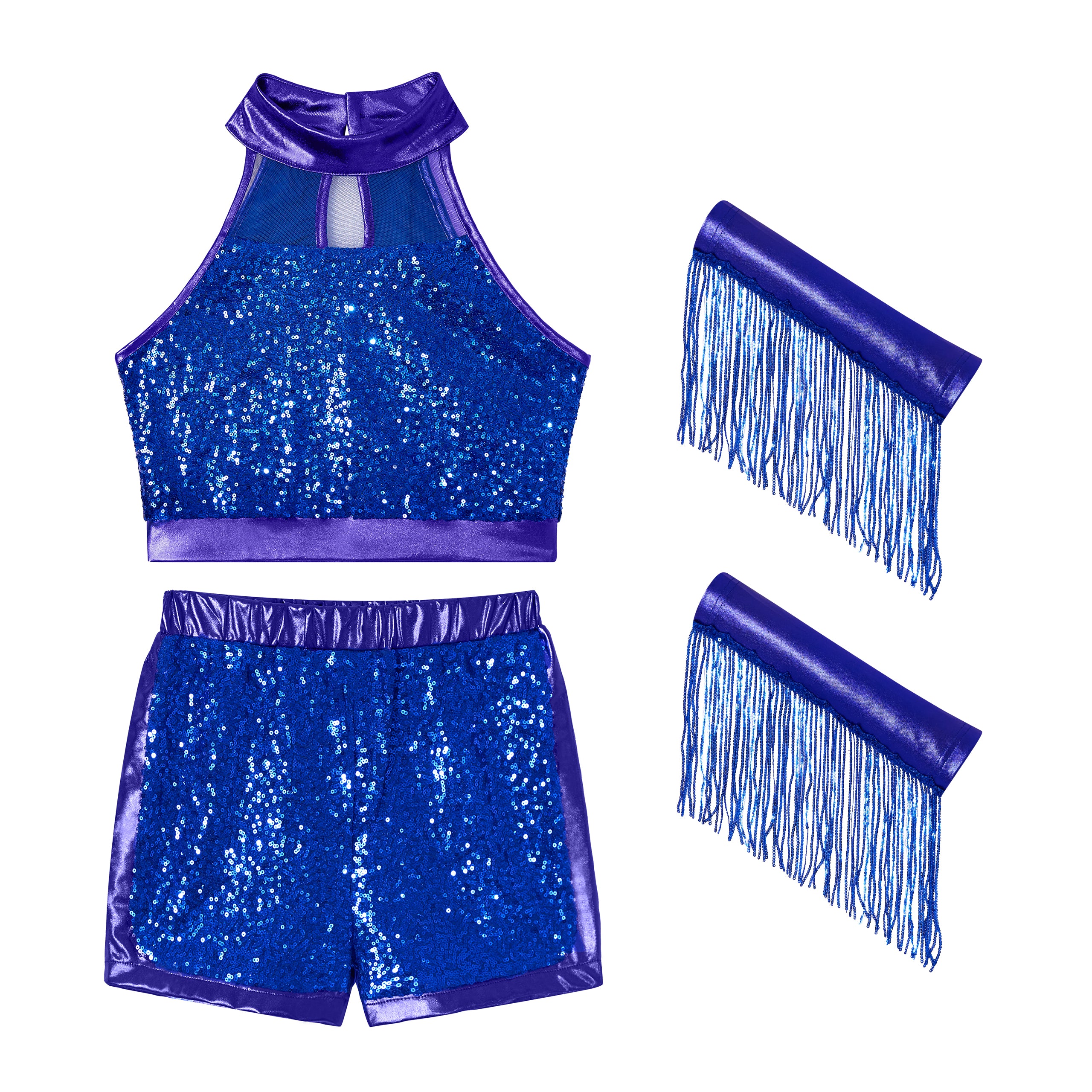 Girls’ Sequin Dance Outfit Crop Sequin Top Metallic Shorts with Tassel Arm Sleeves