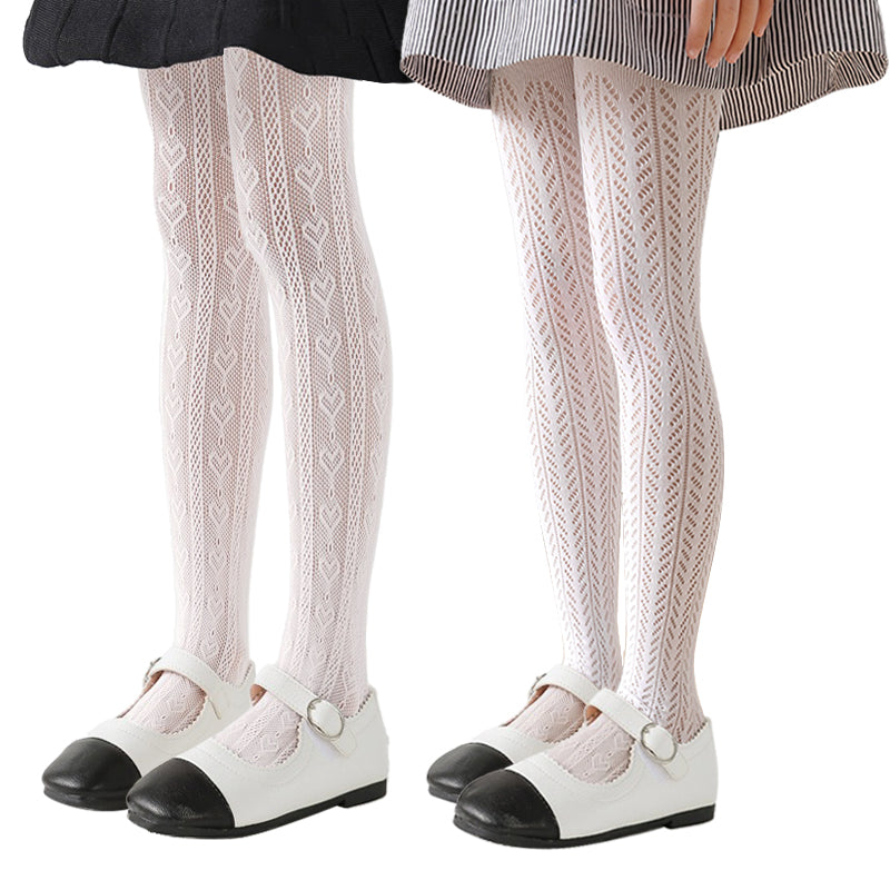 Girls Lace Tights Kids Sheer Patterned Fishnet Stockings 2 Pack Hollow Dance Pantyhose