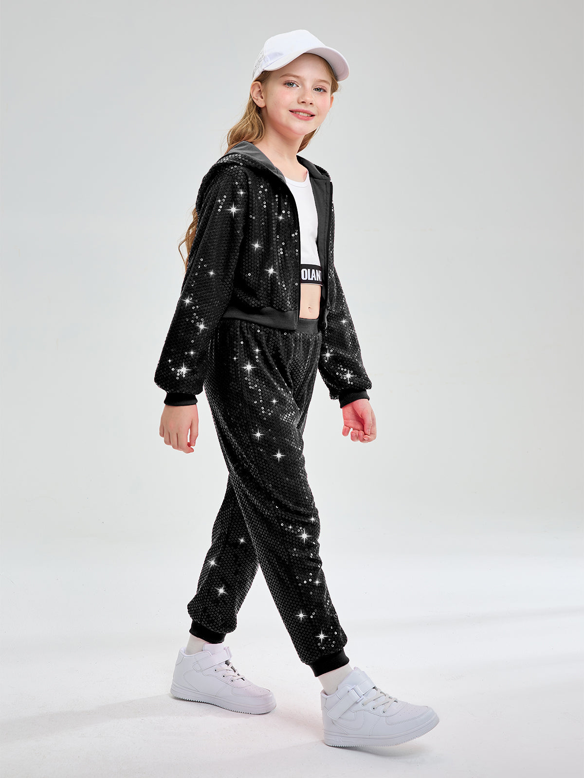 Girls 2Pcs Cropped Sequin Jacket Pants Set Hip Hop Dance Costumes