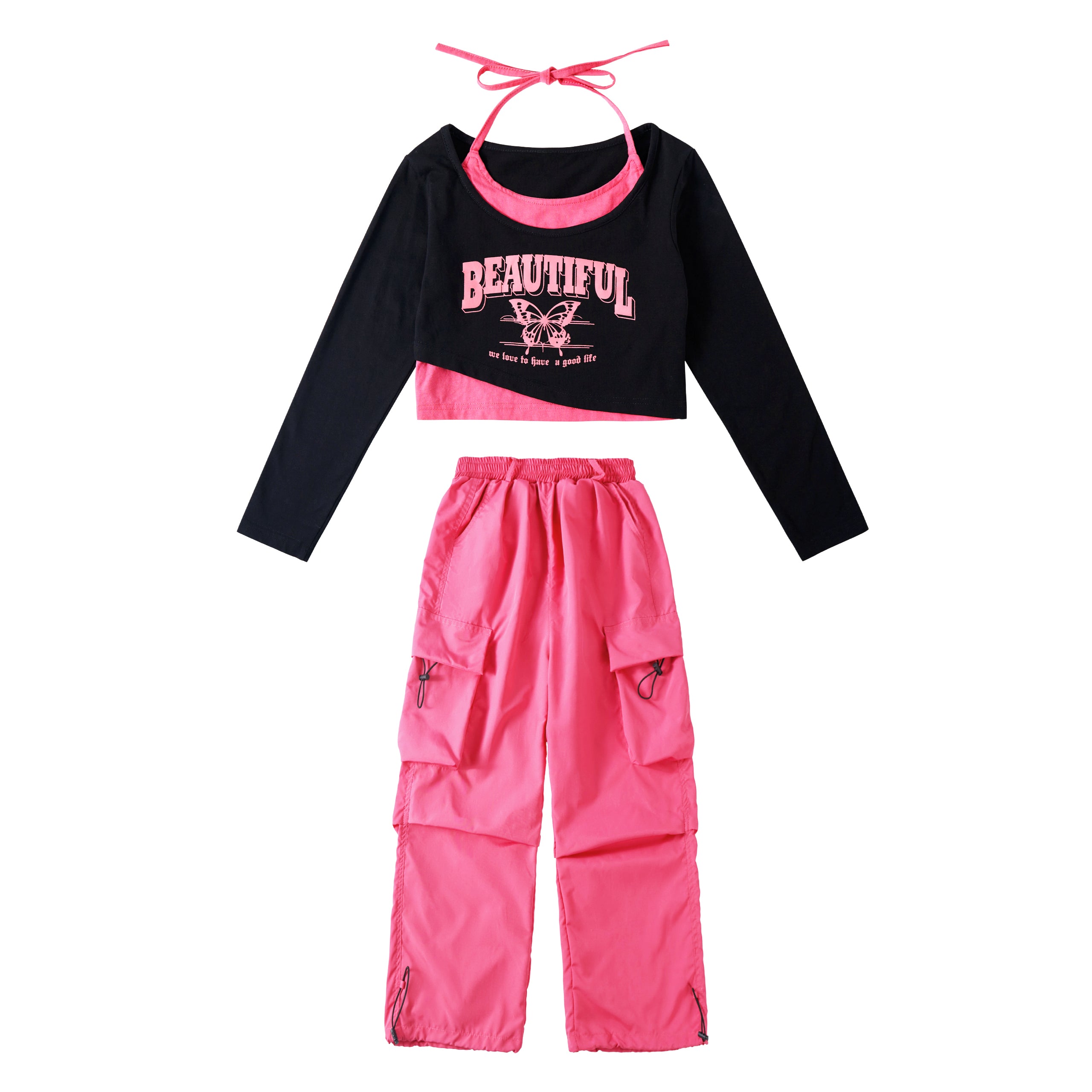 Girls 2 Piece Hip Hop Dance Outfits Long Sleeve Crop Top Cargo Pants Set