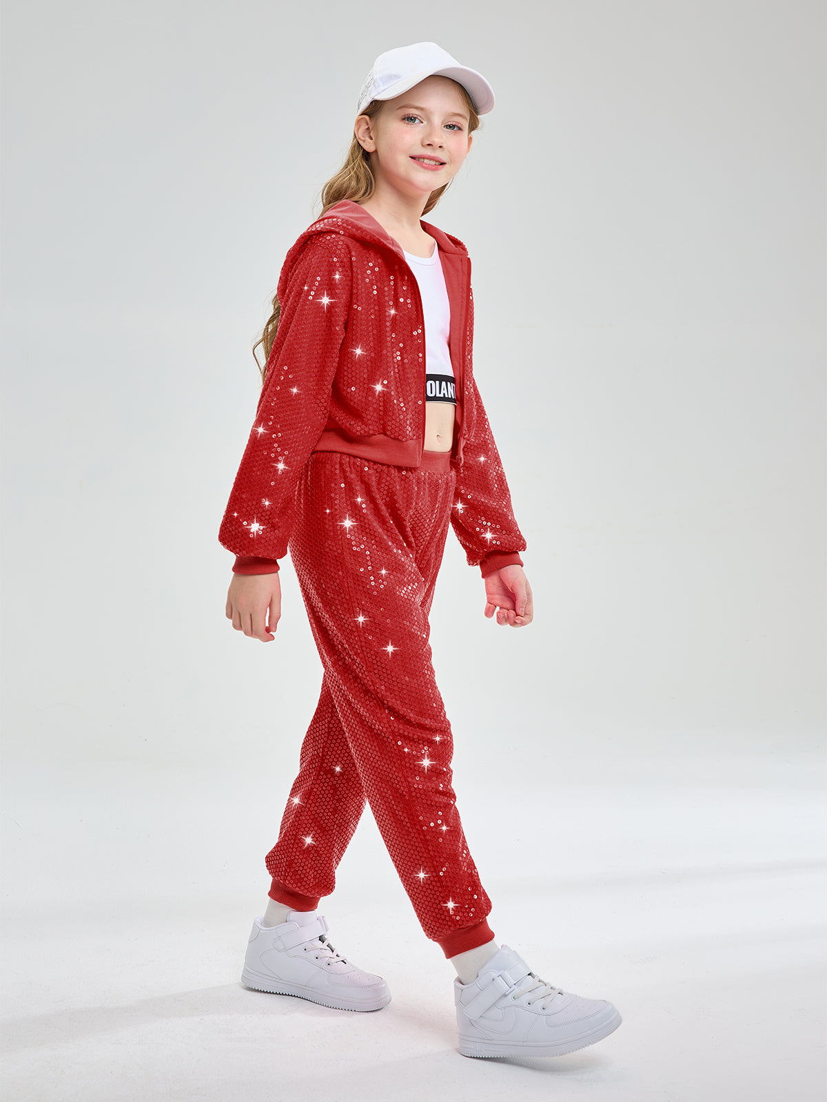 Girls 2Pcs Cropped Sequin Jacket Pants Set Hip Hop Dance Costumes