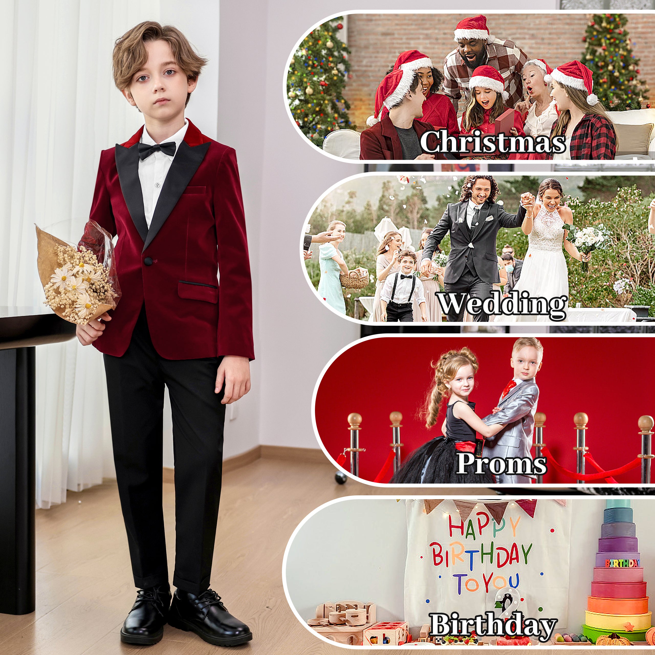 Boys 4 Piece Velvet Suit Formal Tuxedo Kids Slim Fit Blazer Dress Shirt Pants Outfit