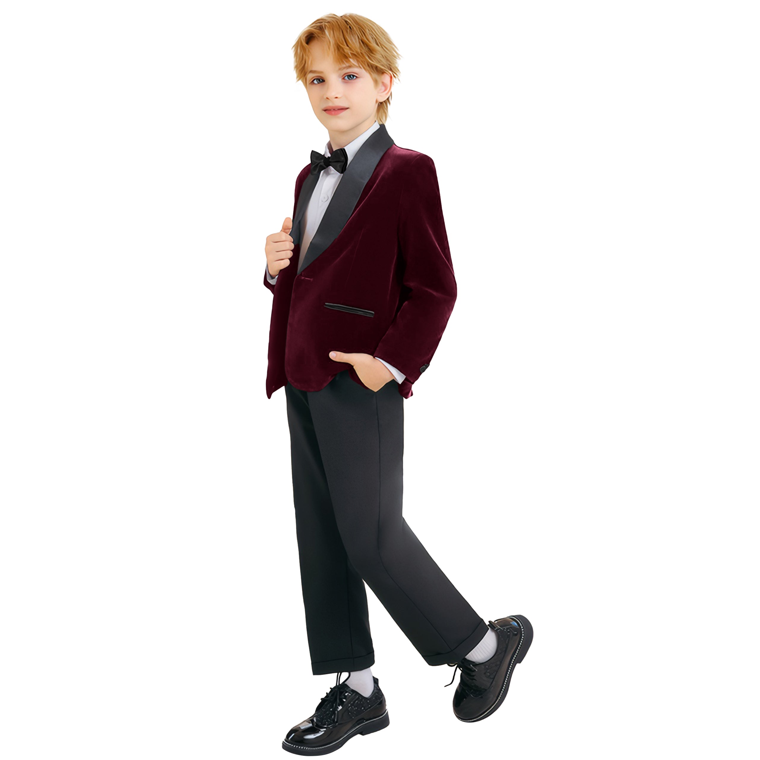 Boys 4 Piece Velvet Suit Formal Tuxedo Kids Slim Fit Blazer Dress Shirt Pants Outfit