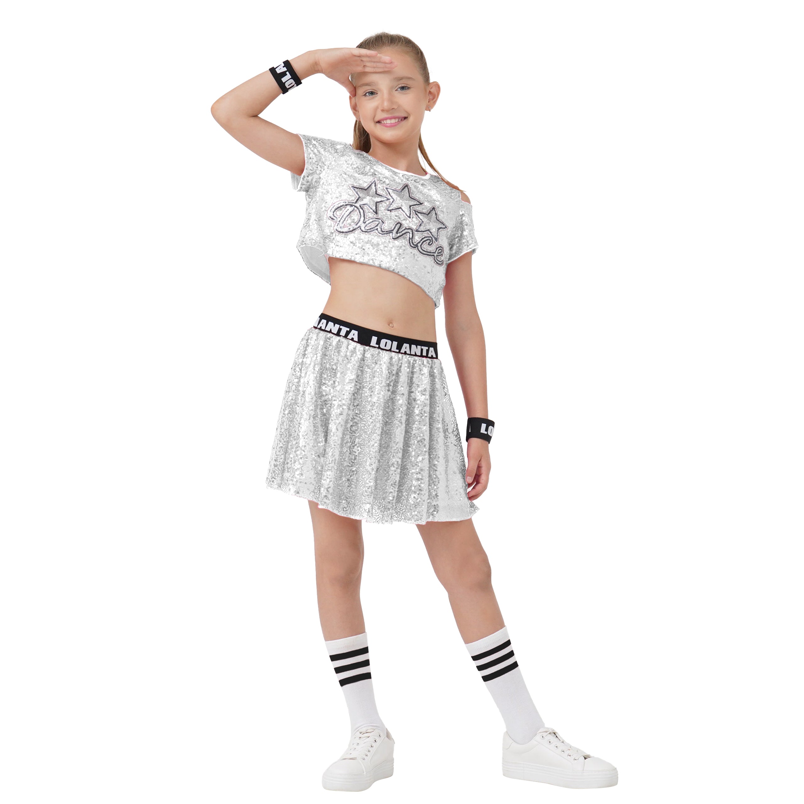 Girls Dance Outfits 4 Piece Kids Sequin Pleated Skirts Set