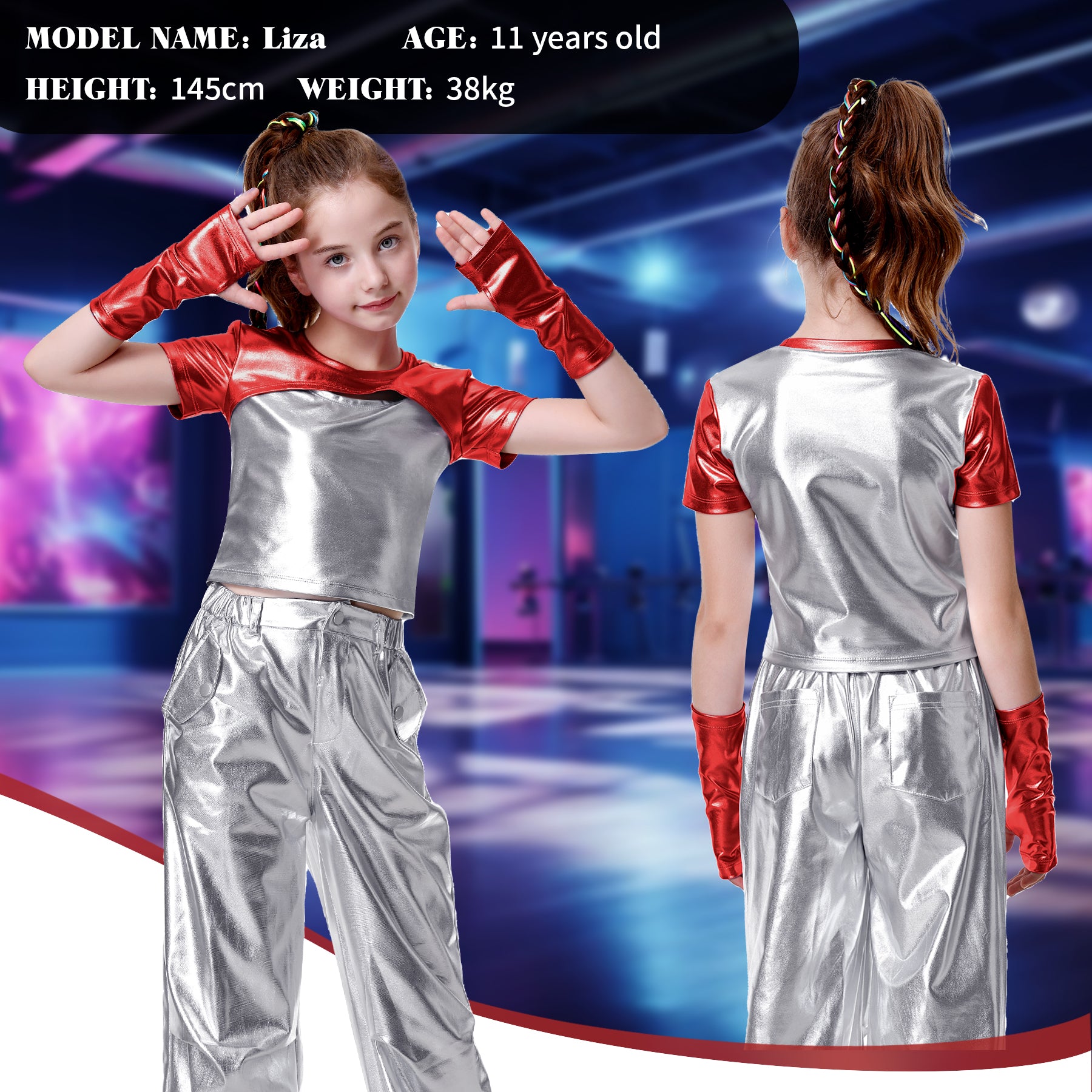 Girls Metallic Shirts with Arm Sleeves Slim Fit Stretchy Shiny Hip Hop Dance Top