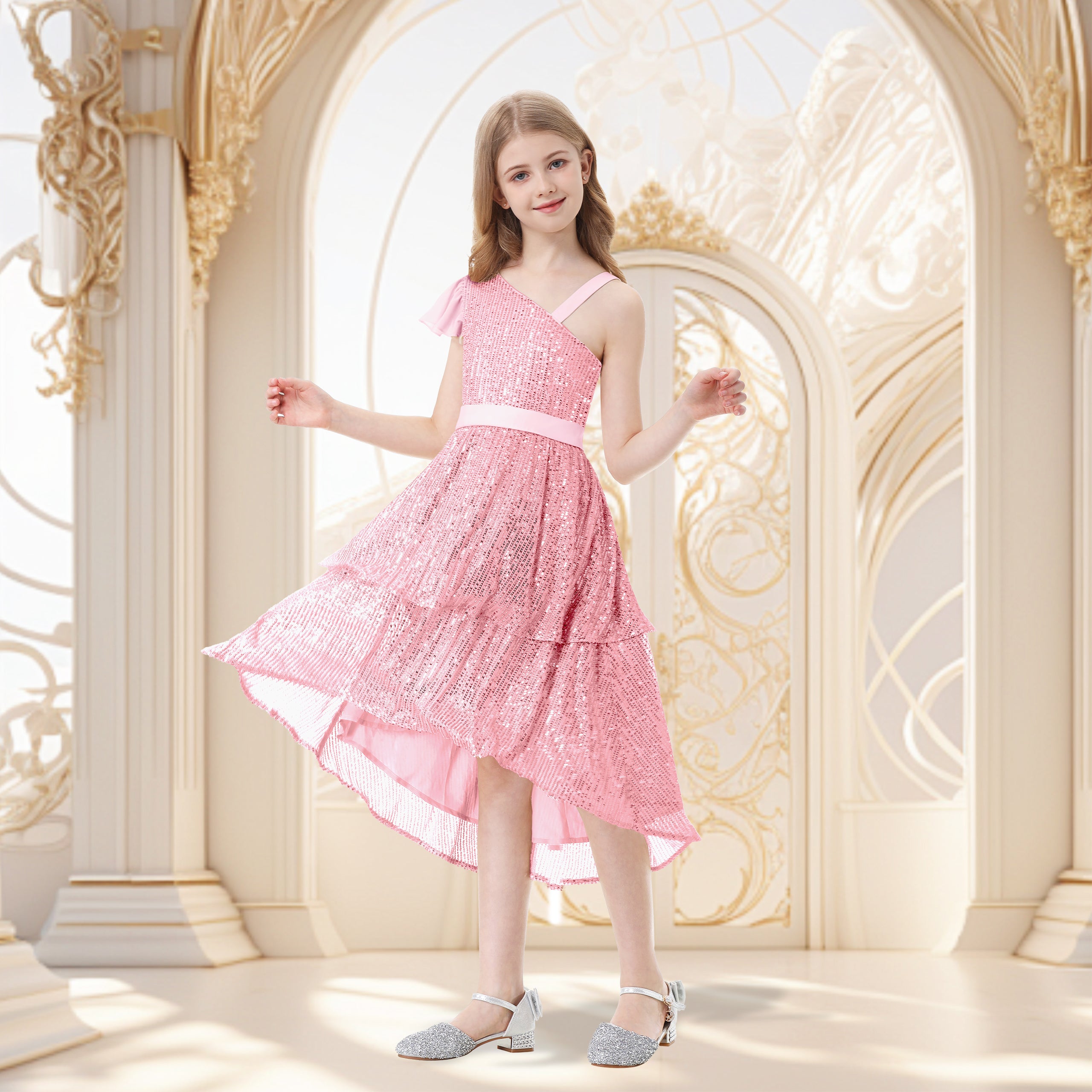 Girls Sequin Dress One Shoulder Layered Sparkle High Low Dresses