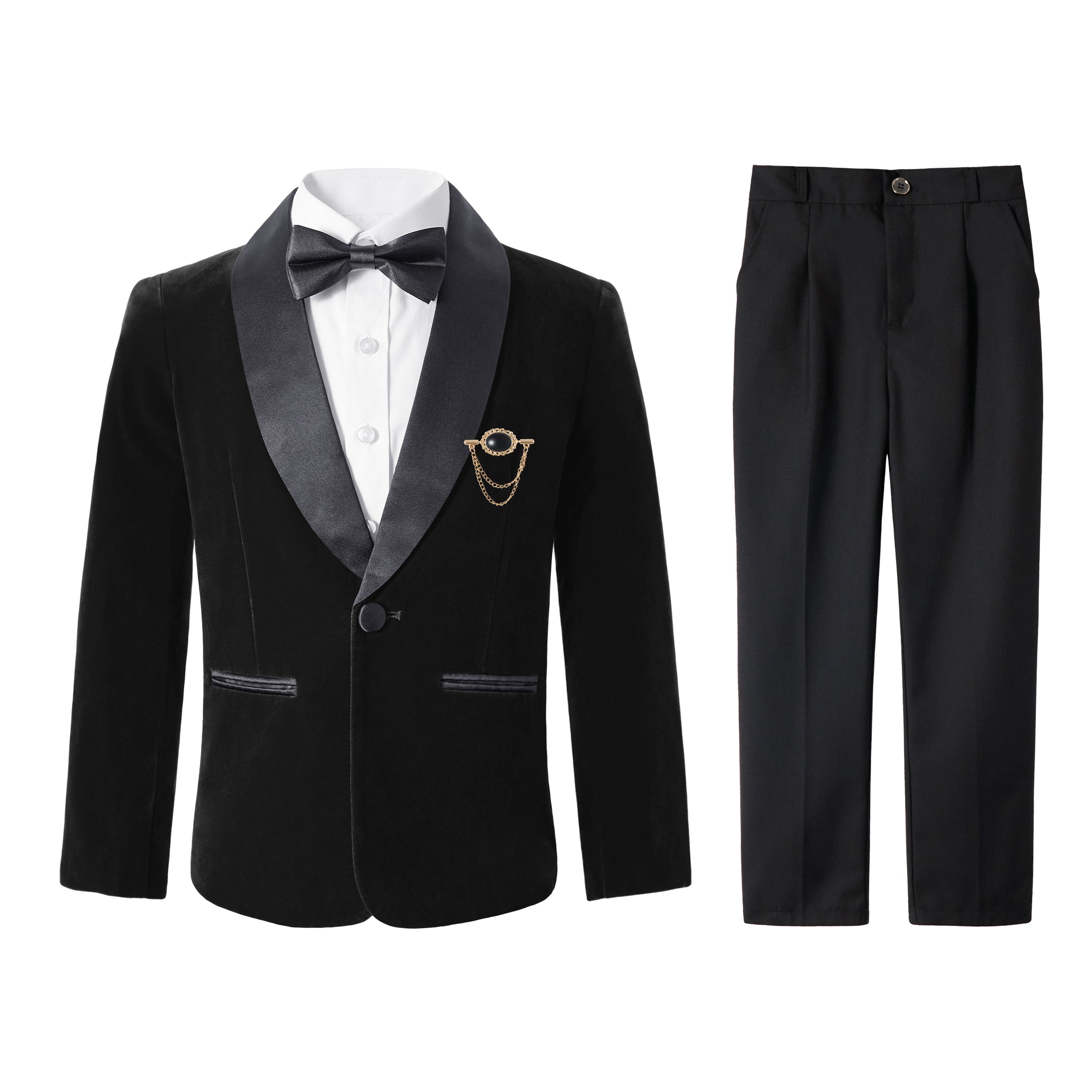 Boys 4 Piece Velvet Suit Formal Tuxedo Kids Slim Fit Blazer Dress Shirt Pants Outfit