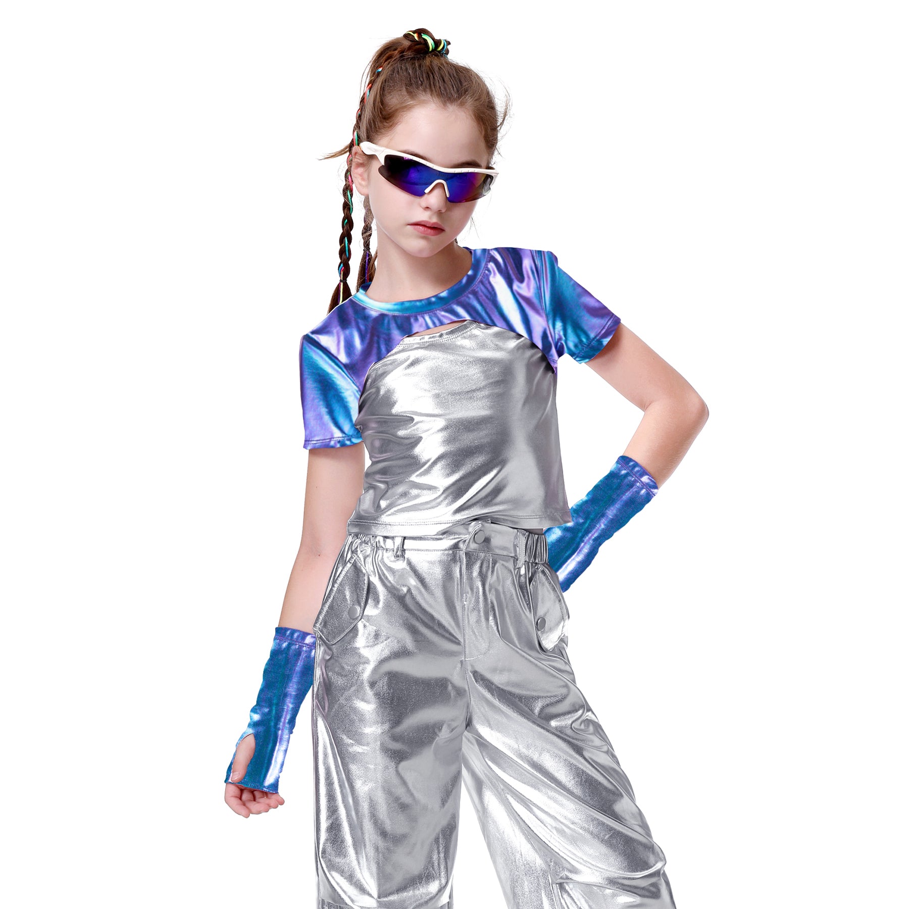 Girls Metallic Shirts with Arm Sleeves Slim Fit Stretchy Shiny Hip Hop Dance Top