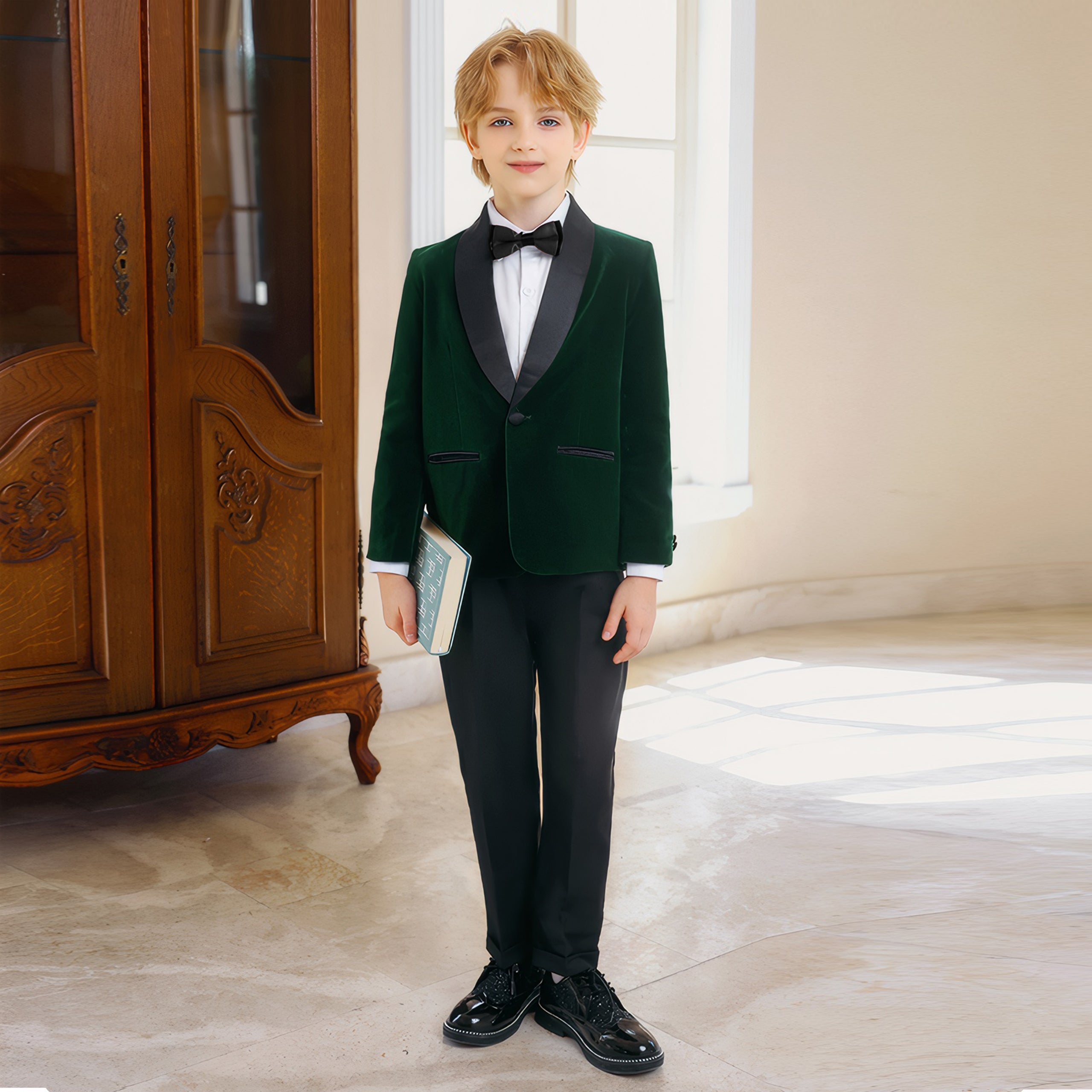 Boys 4 Piece Velvet Suit Formal Tuxedo Kids Slim Fit Blazer Dress Shirt Pants Outfit