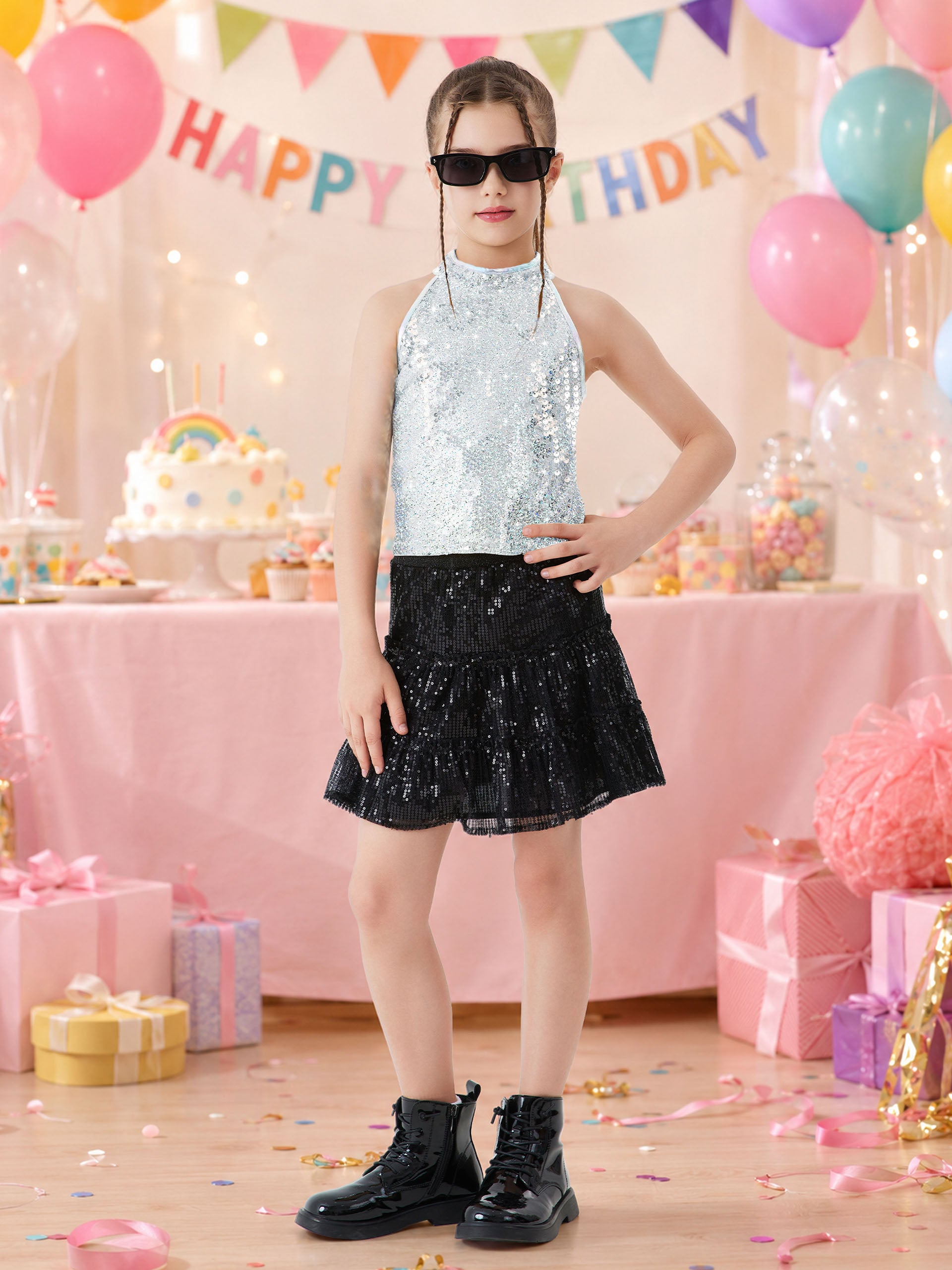 Girls Sequin Halter Top Stretchy Tank Sparkly Dance Shirt