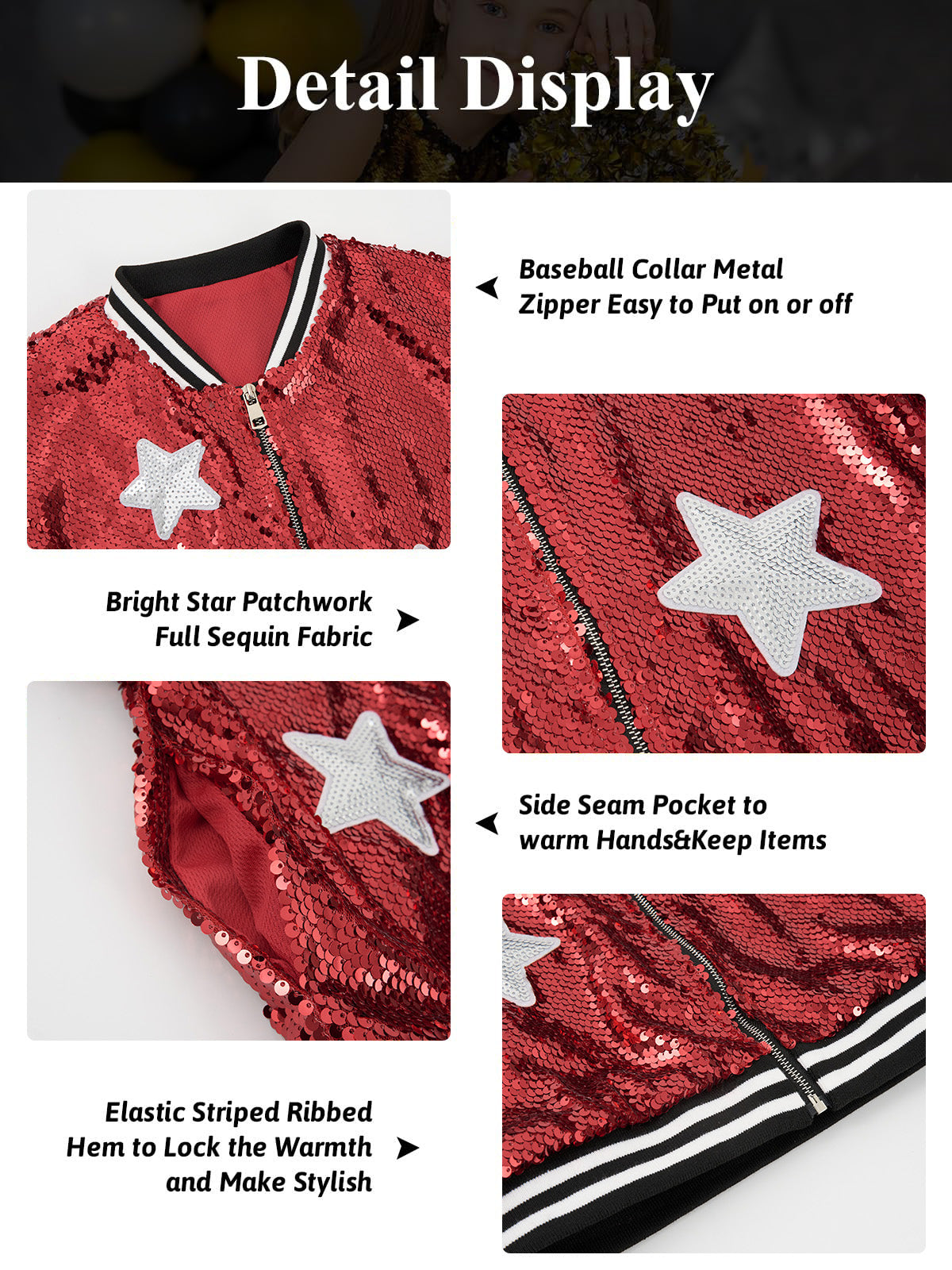 Girls Sequin Jacket Long Sleeve Kids Bomber Coats