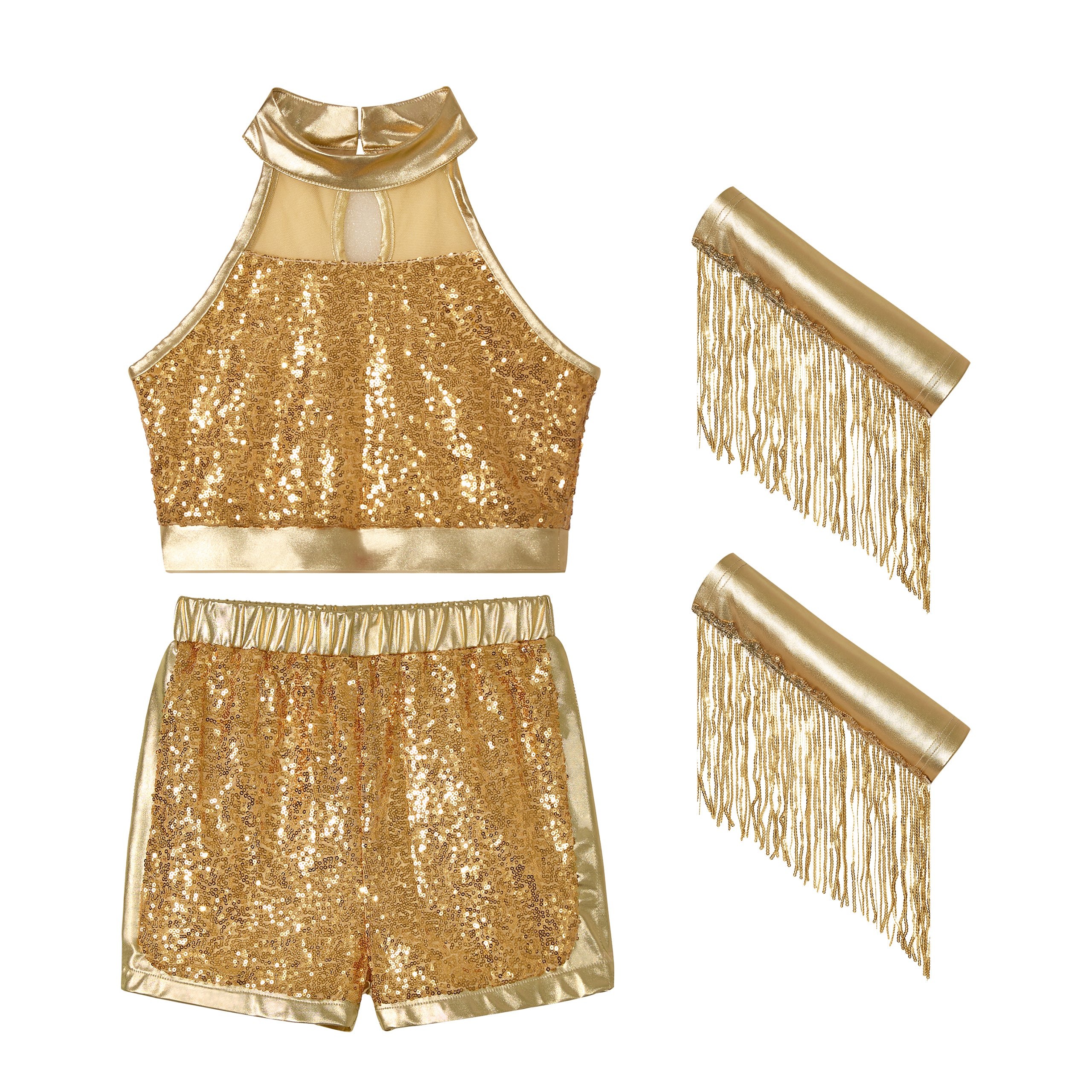 Girls’ Sequin Dance Outfit Crop Sequin Top Metallic Shorts with Tassel Arm Sleeves