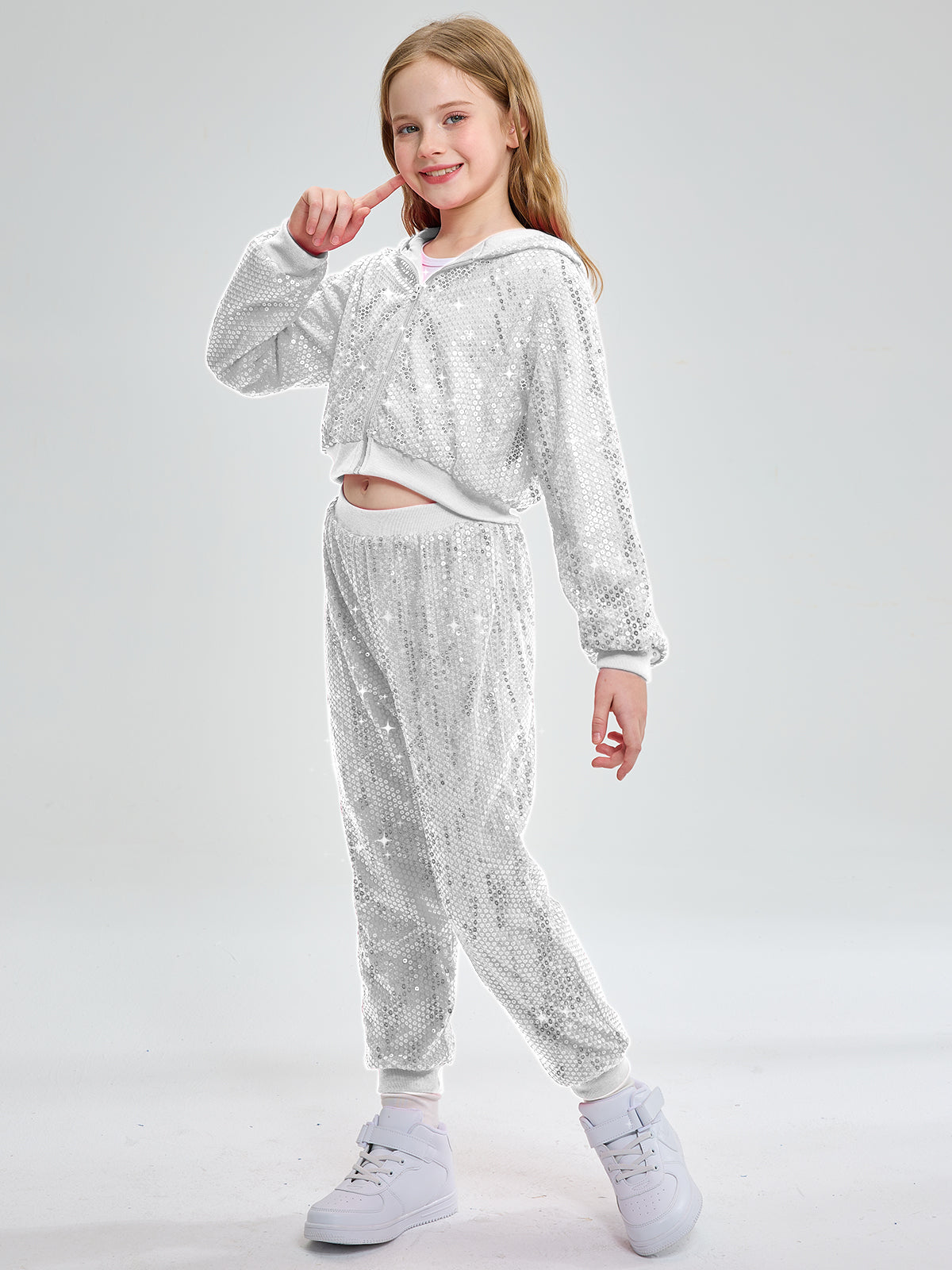 Girls 2Pcs Cropped Sequin Jacket Pants Set Hip Hop Dance Costumes