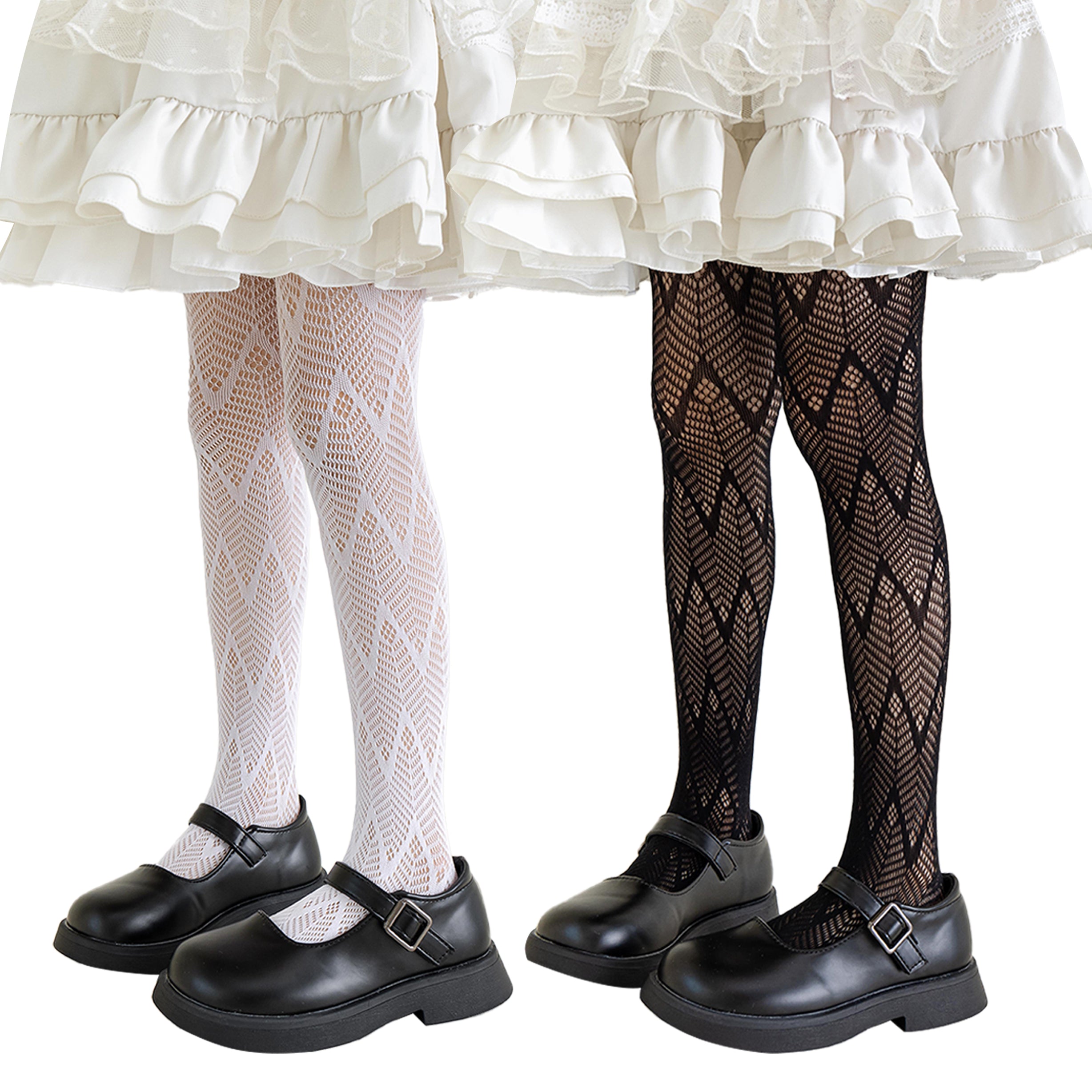 Girls Lace Tights Kids Sheer Patterned Fishnet Stockings 2 Pack Hollow Dance Pantyhose