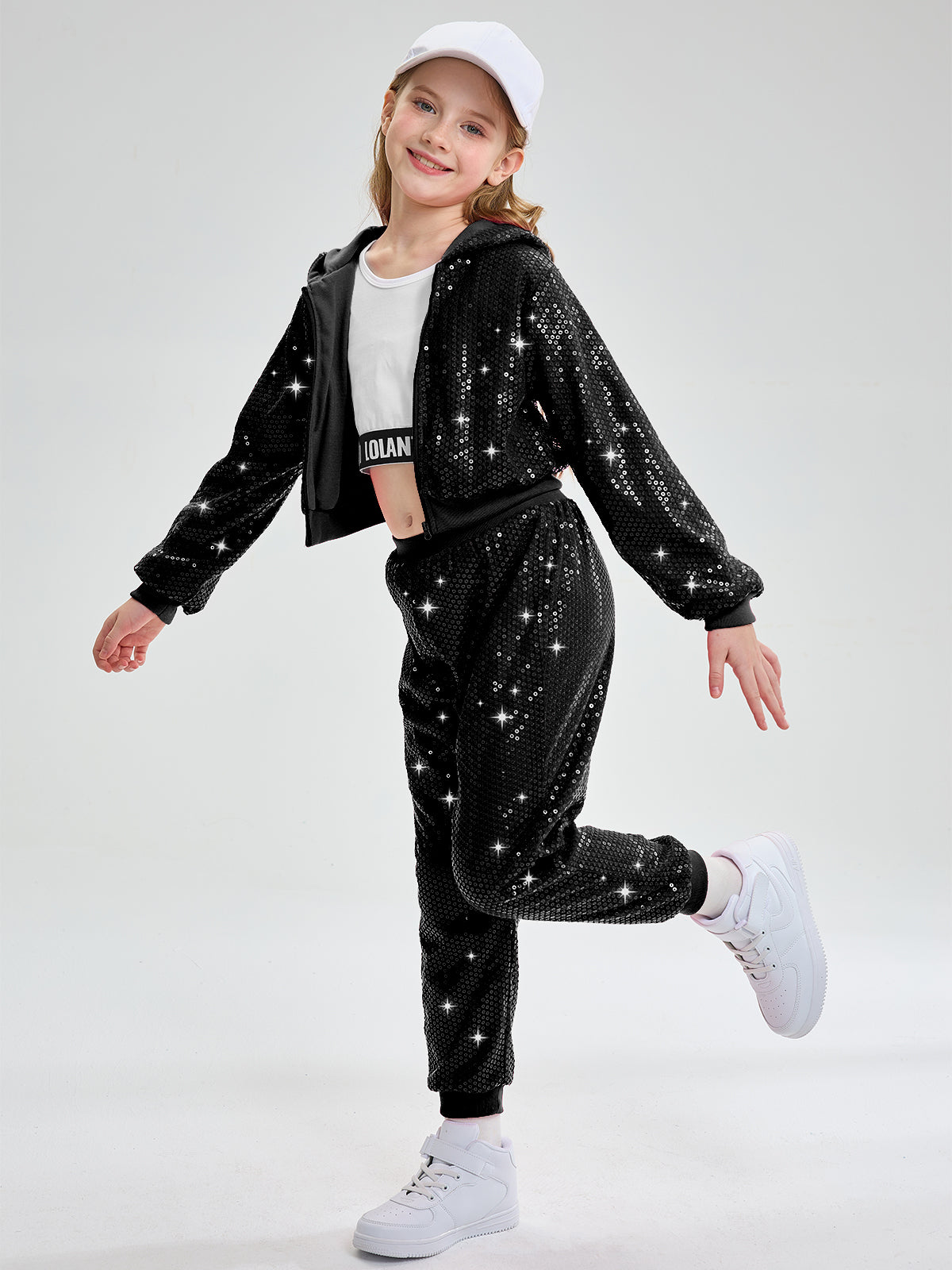 Girls 2Pcs Cropped Sequin Jacket Pants Set Hip Hop Dance Costumes