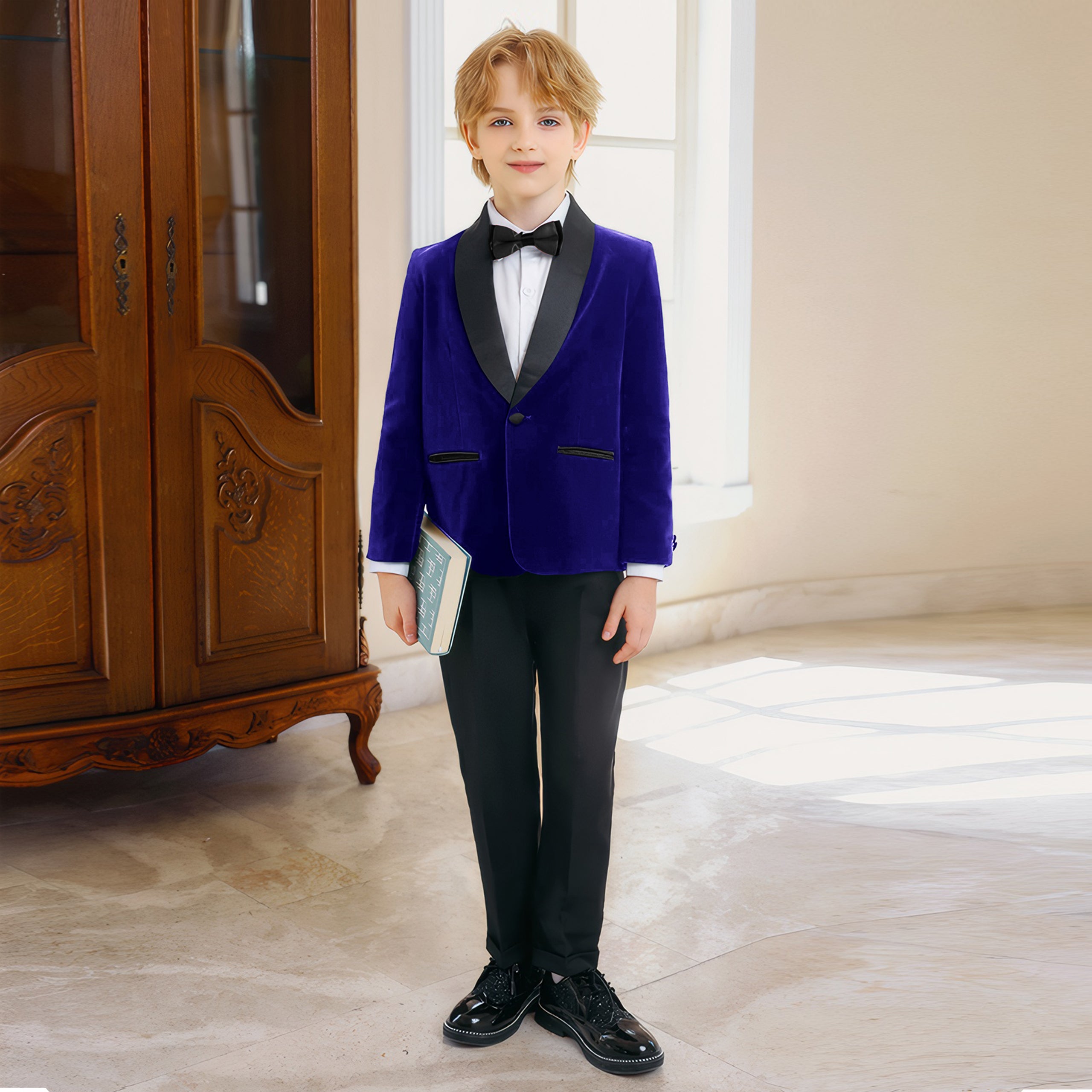 Boys 4 Piece Velvet Suit Formal Tuxedo Kids Slim Fit Blazer Dress Shirt Pants Outfit
