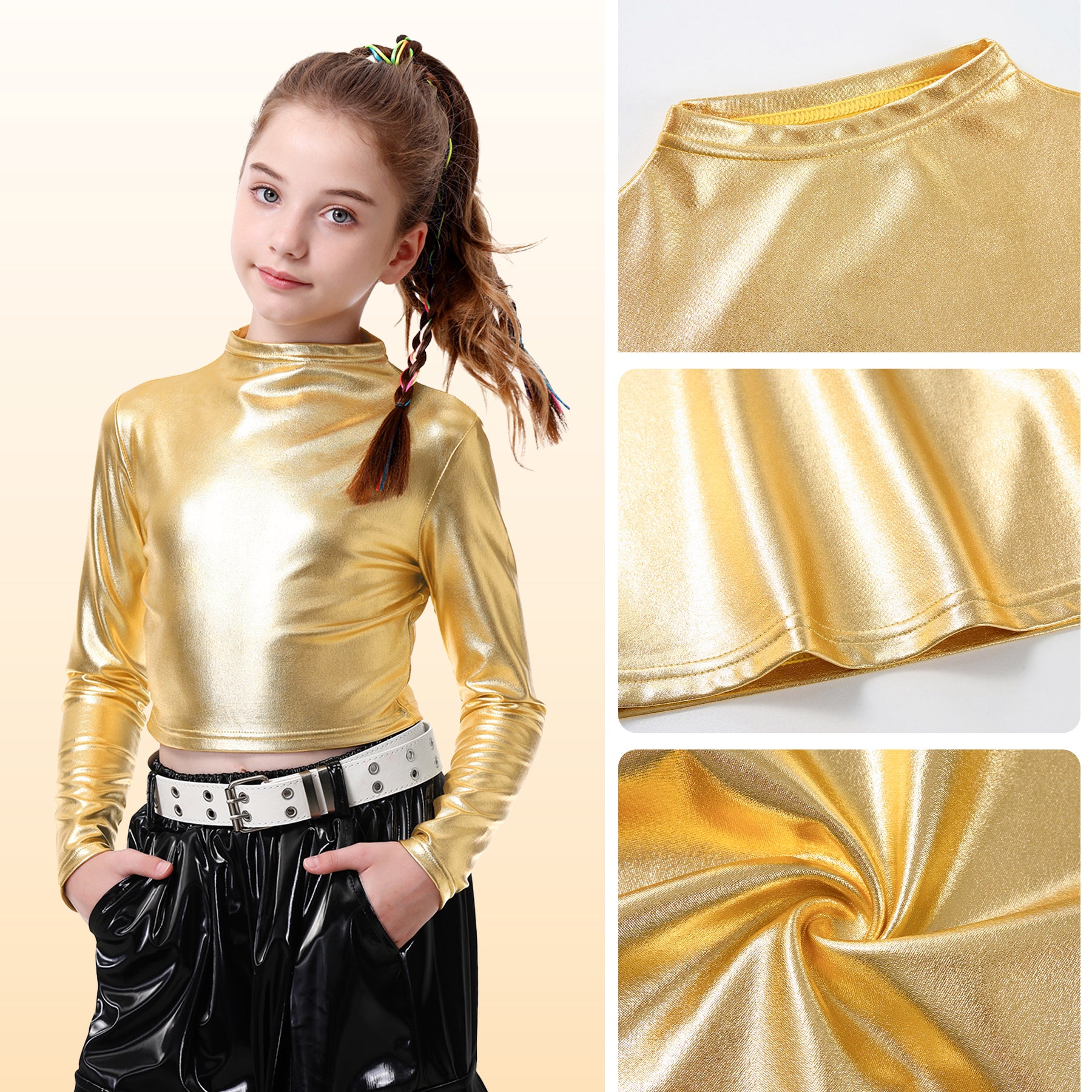 Metallic Dance Tops for Girls Long Sleeve Cropped Top