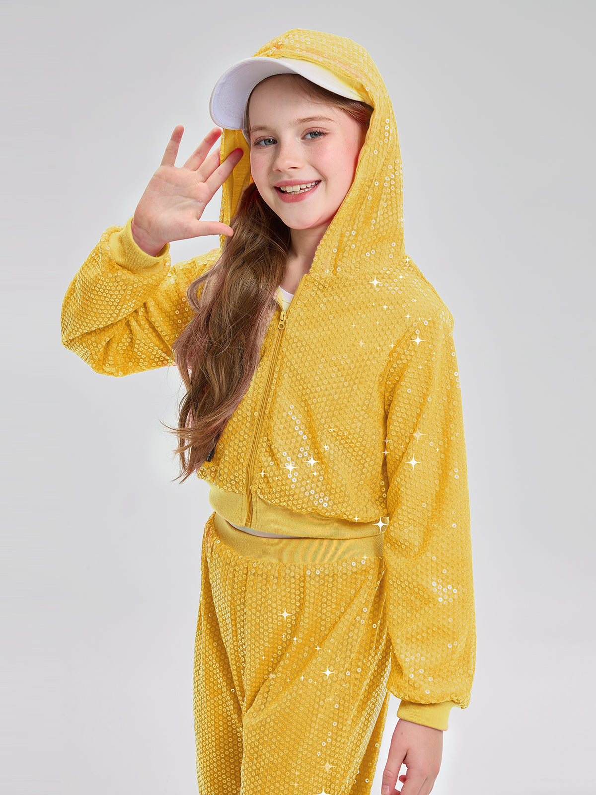 Girls 2Pcs Cropped Sequin Jacket Pants Set Hip Hop Dance Costumes