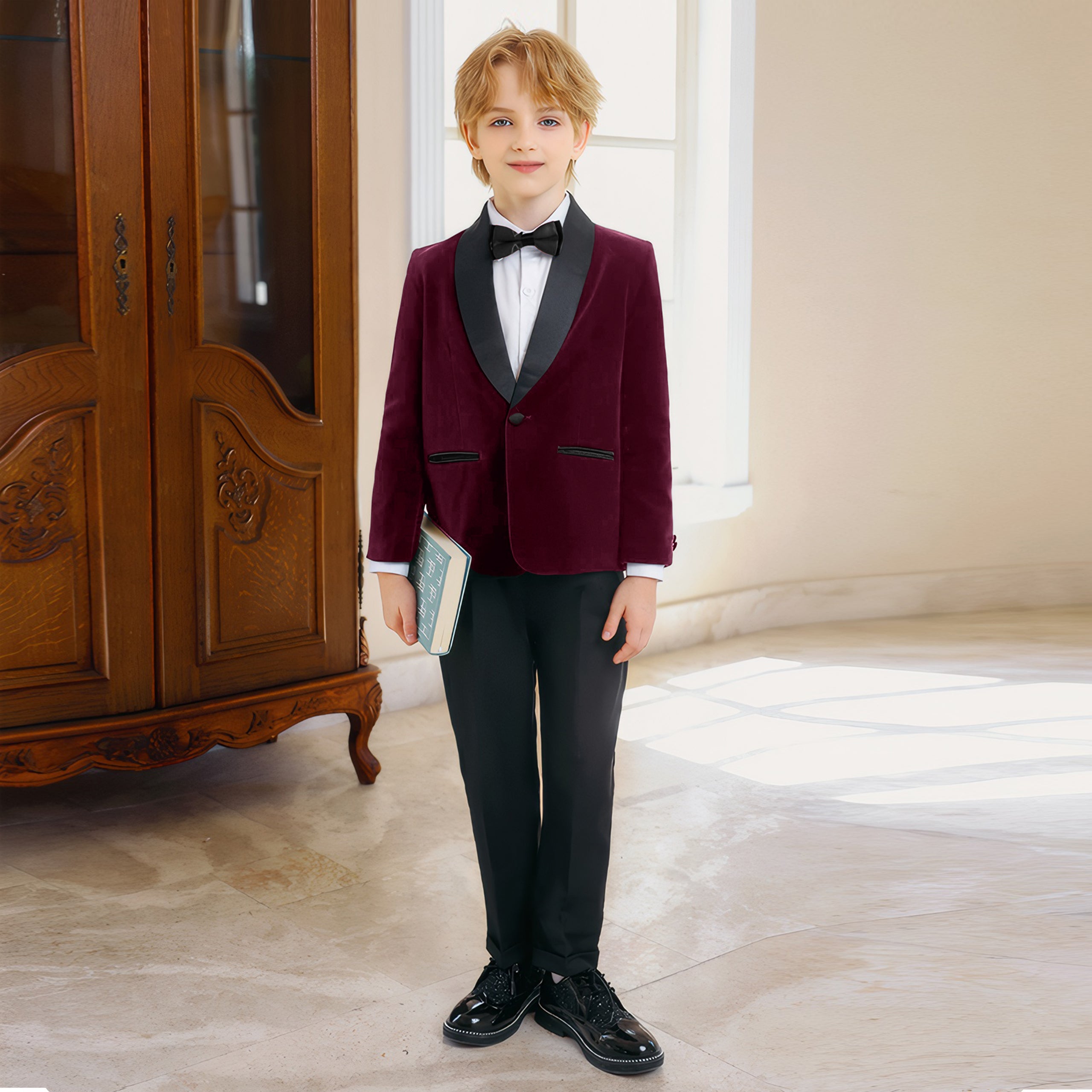 Boys 4 Piece Velvet Suit Formal Tuxedo Kids Slim Fit Blazer Dress Shirt Pants Outfit