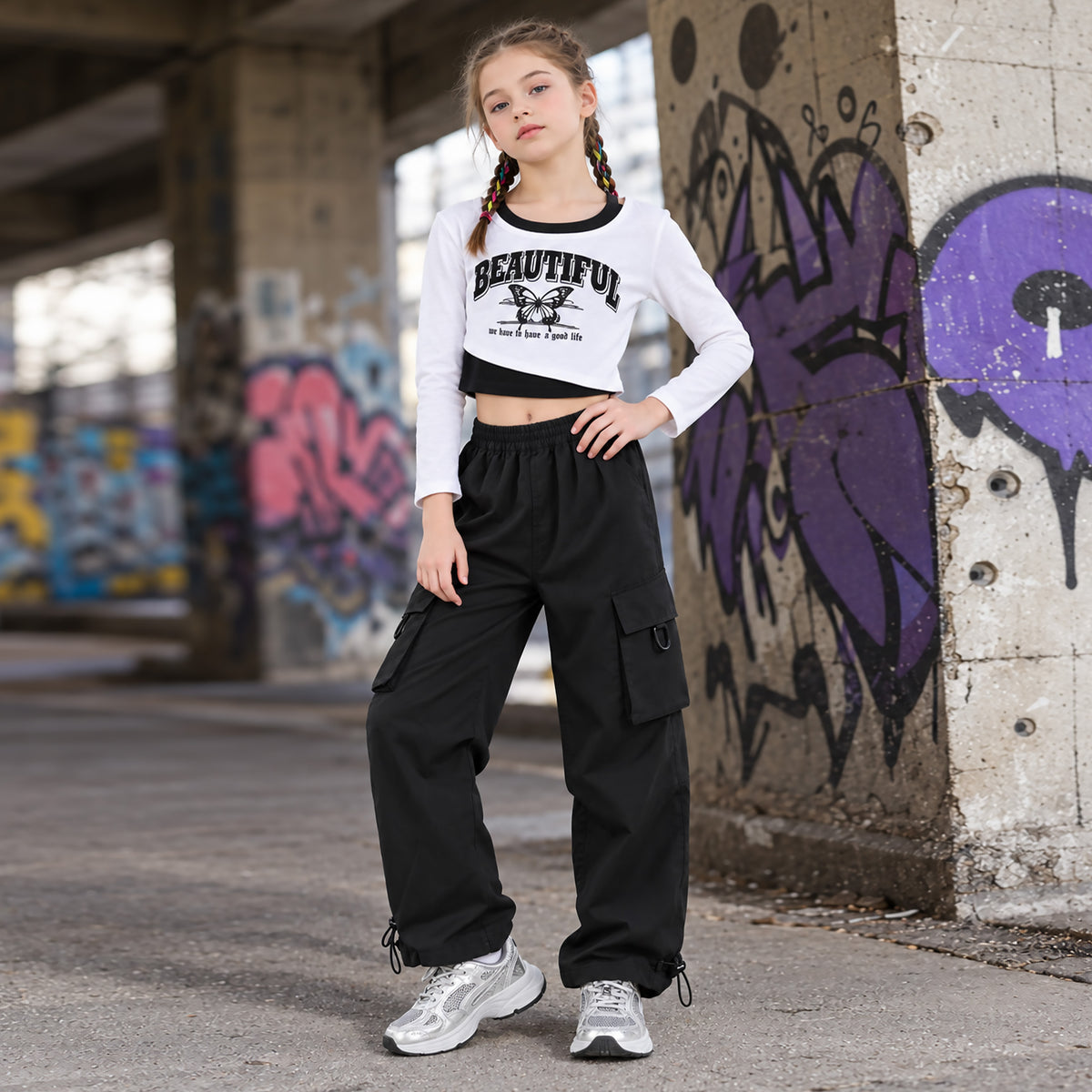 Girls 2 Piece Hip Hop Dance Outfits Long Sleeve Crop Top Cargo Pants Set