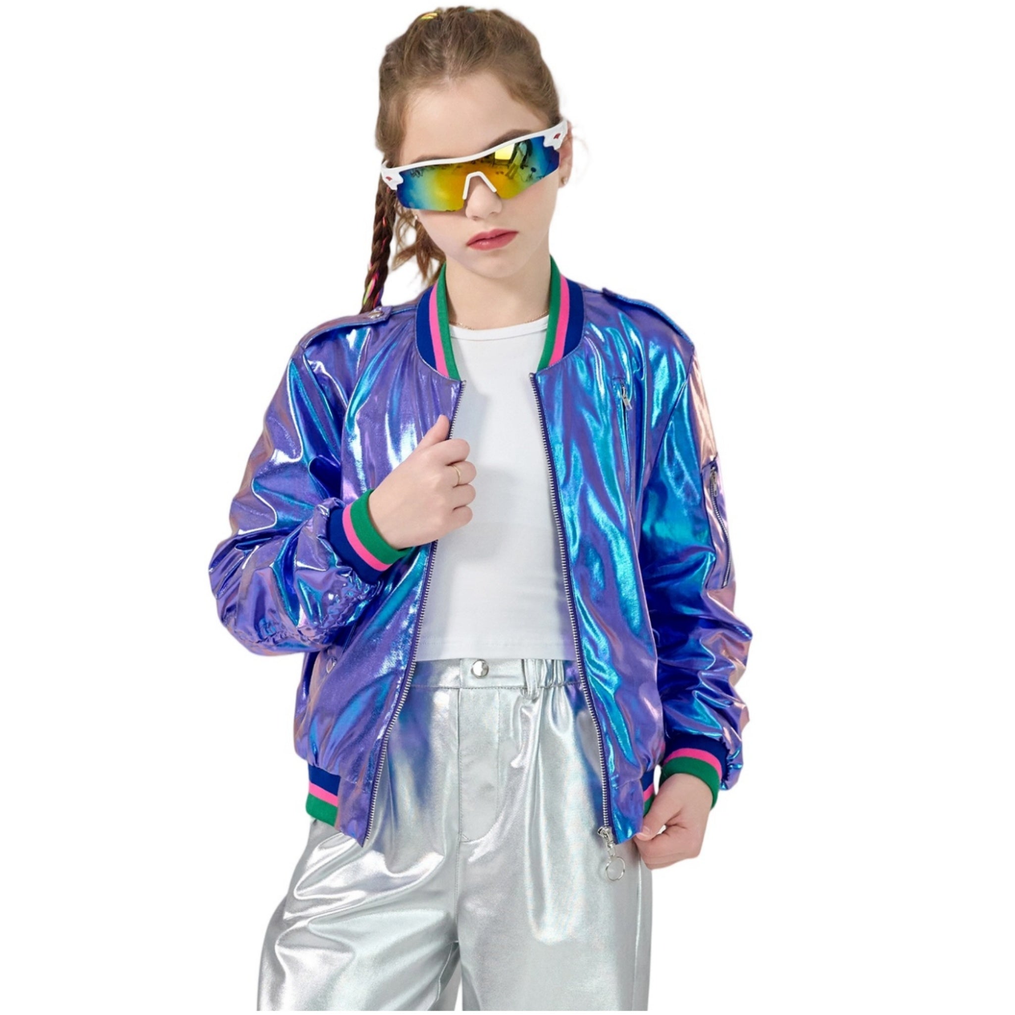 Kids Metallic Shiny Jacket Lightweight Y2K Disco Streetwear Girls Bomber Jacket
