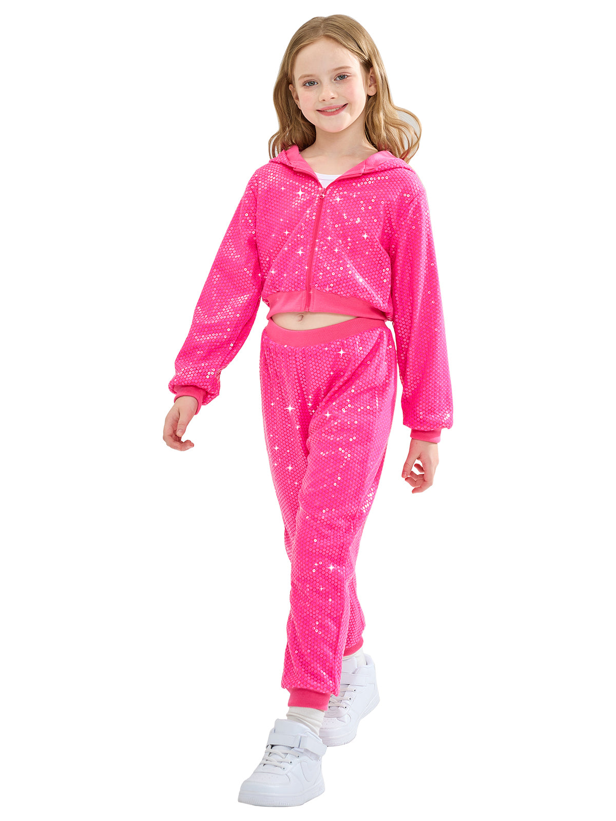Girls 2Pcs Cropped Sequin Jacket Pants Set Hip Hop Dance Costumes