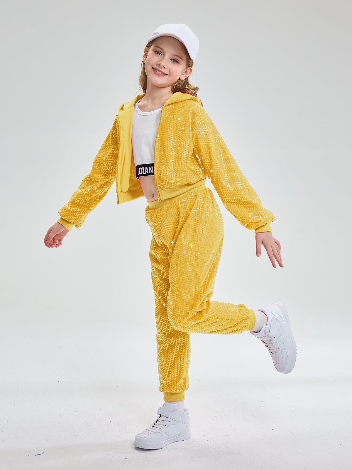 Girls 2Pcs Cropped Sequin Jacket Pants Set Hip Hop Dance Costumes