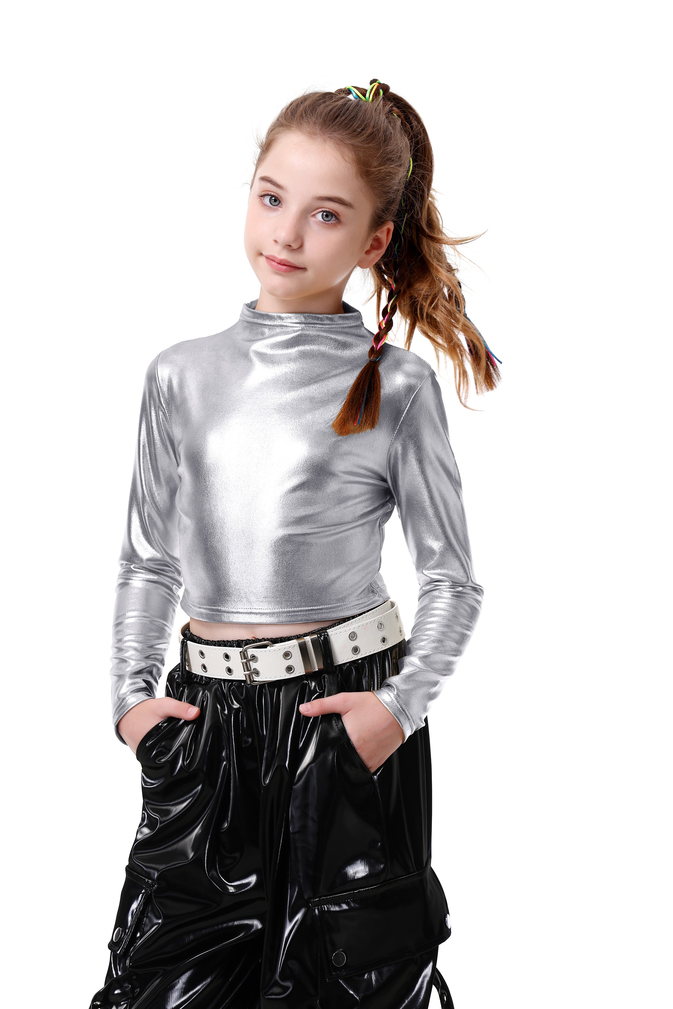 Metallic Dance Tops for Girls Long Sleeve Cropped Top
