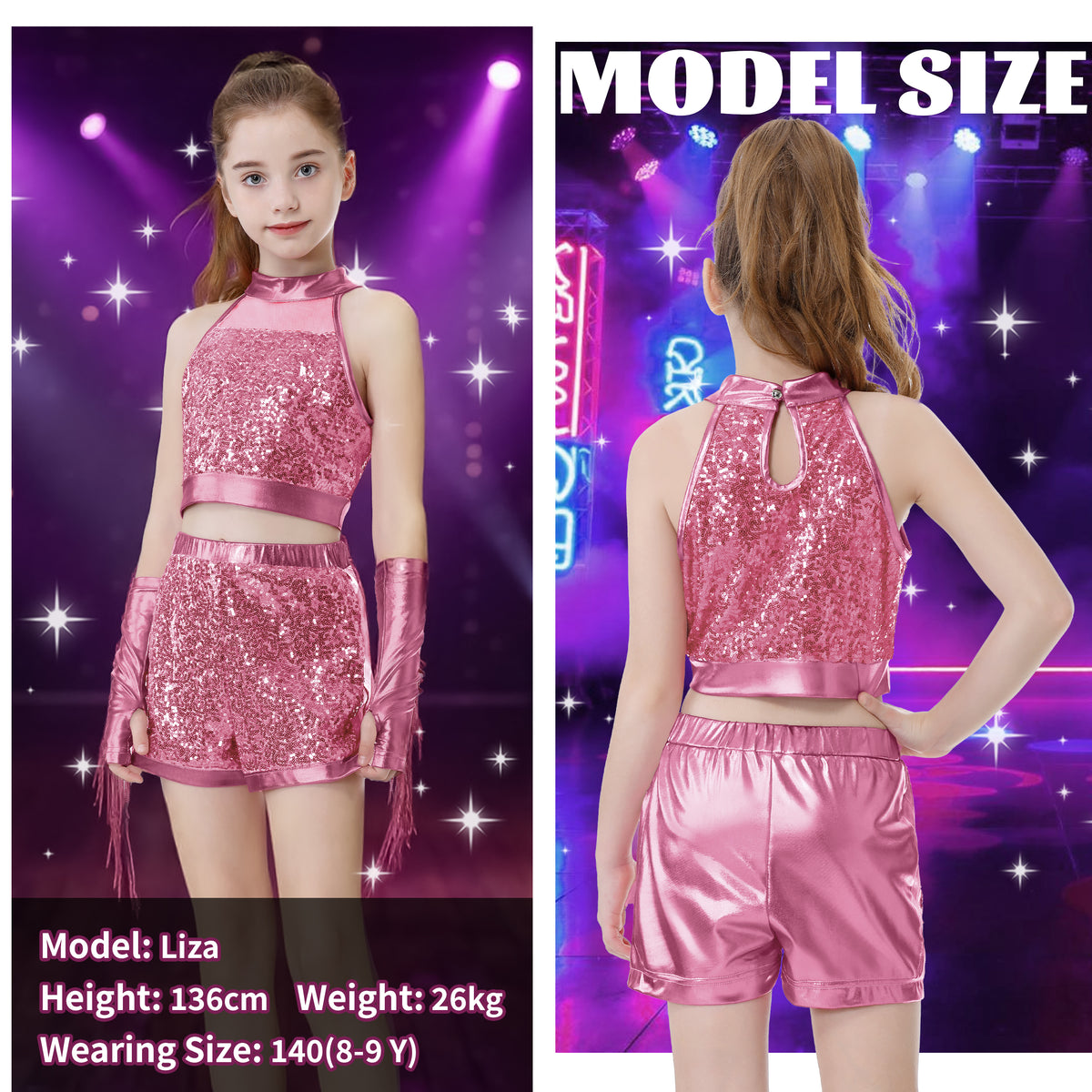 Girls’ Sequin Dance Outfit Crop Sequin Top Metallic Shorts with Tassel Arm Sleeves