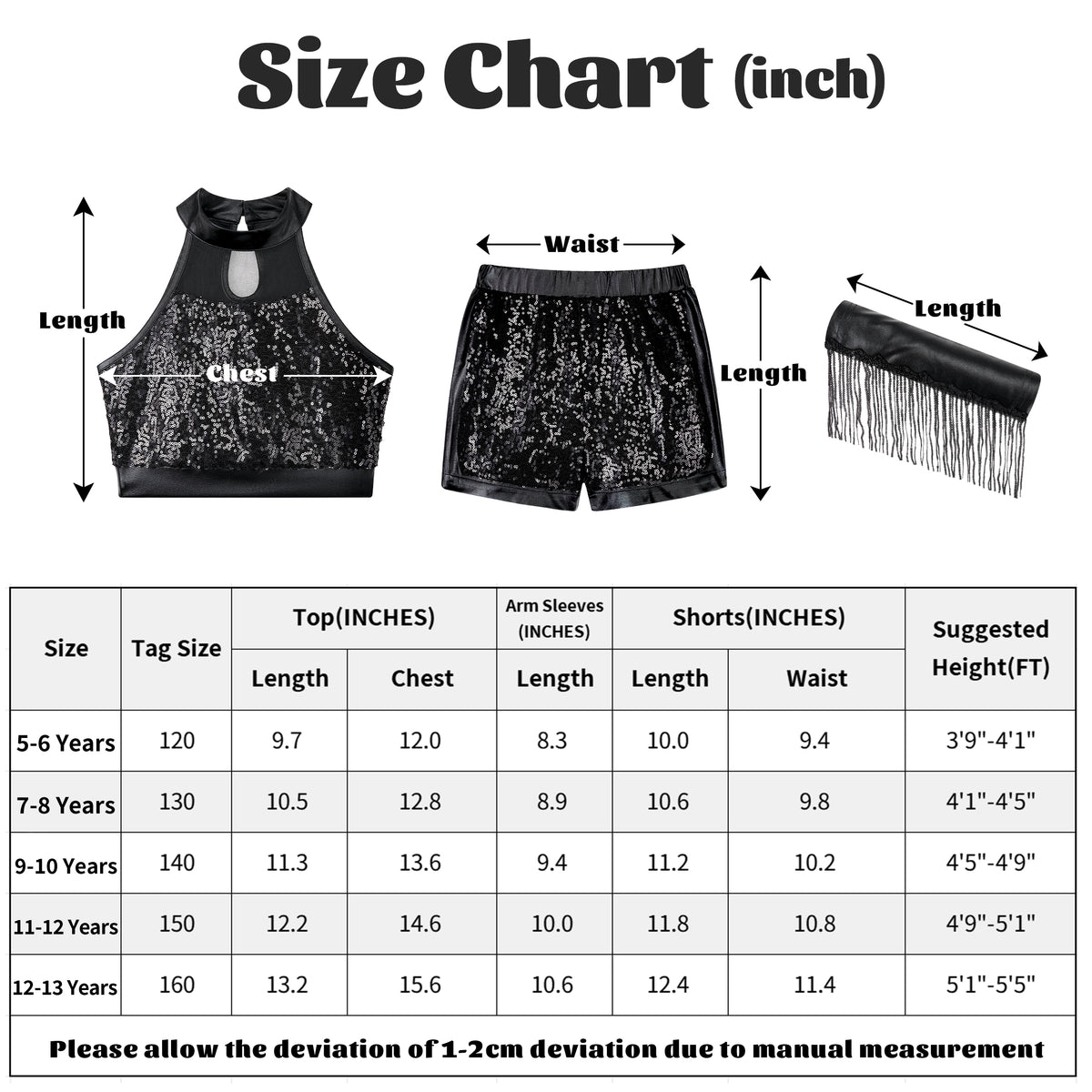 Girls’ Sequin Dance Outfit Crop Sequin Top Metallic Shorts with Tassel Arm Sleeves