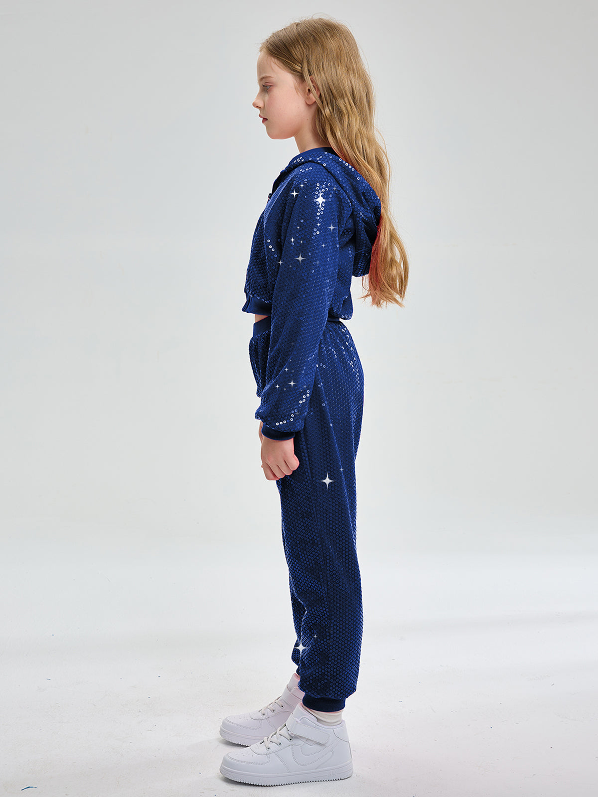Girls 2Pcs Cropped Sequin Jacket Pants Set Hip Hop Dance Costumes