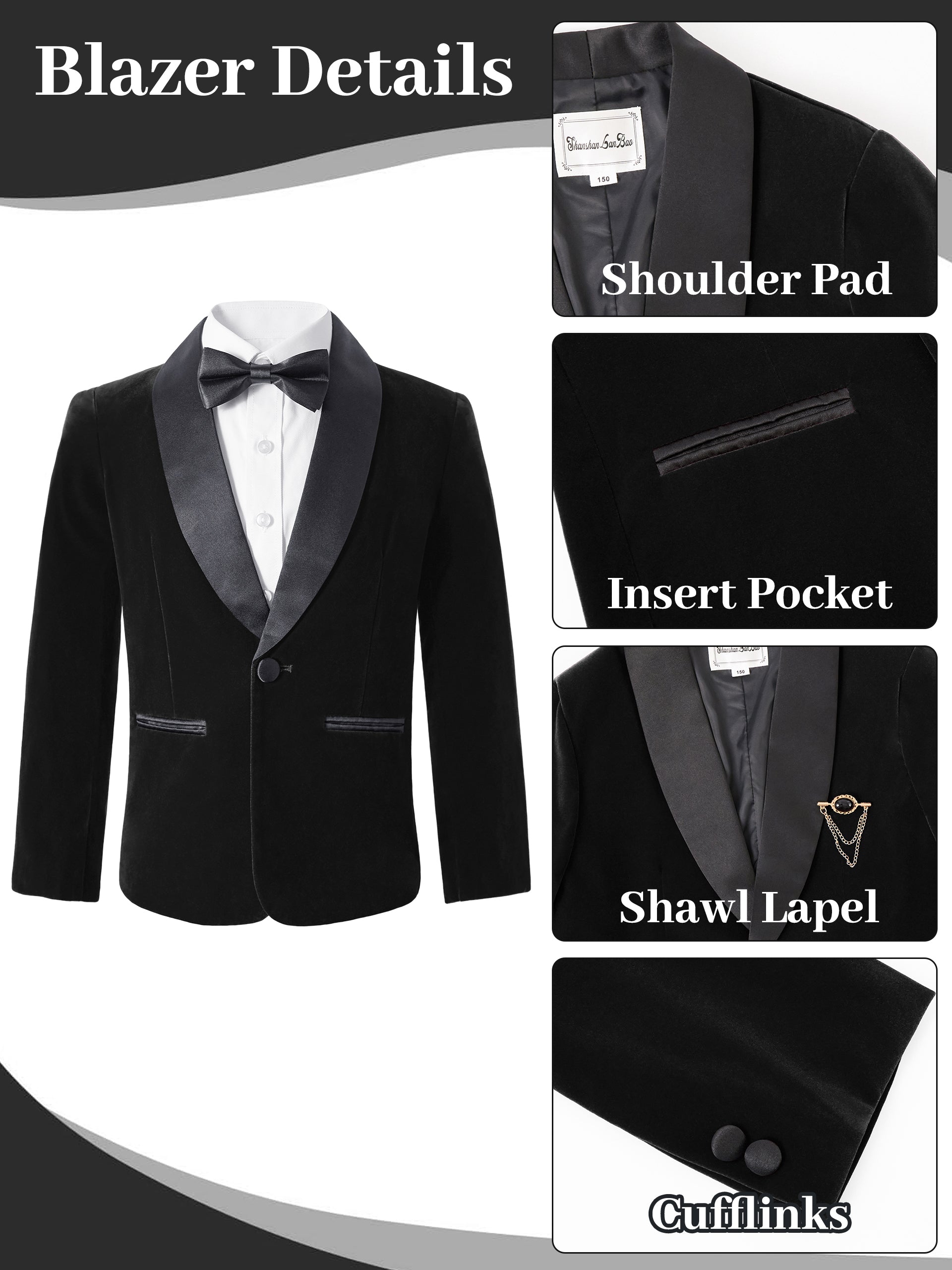 Boys 4 Piece Velvet Suit Formal Tuxedo Kids Slim Fit Blazer Dress Shirt Pants Outfit