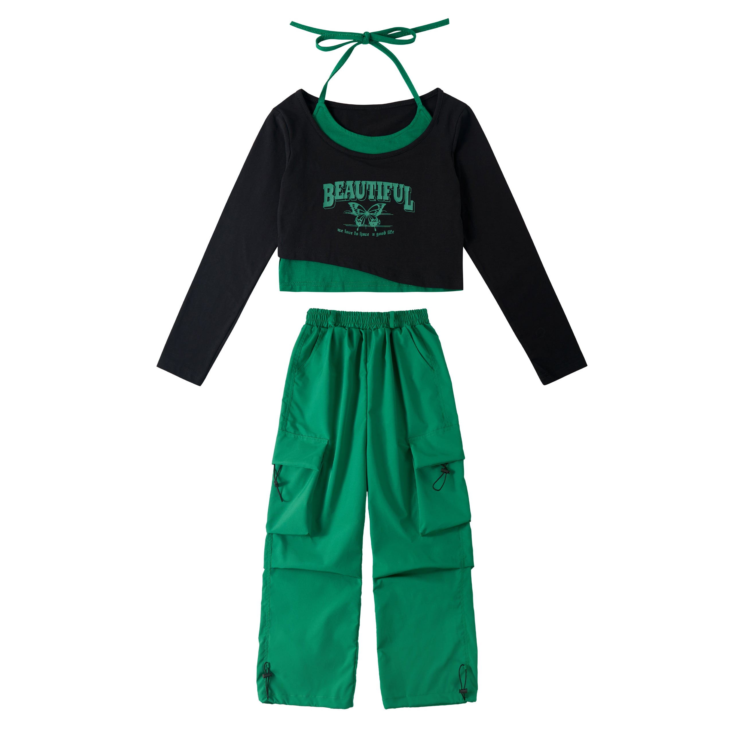 Girls 2 Piece Hip Hop Dance Outfits Long Sleeve Crop Top Cargo Pants Set