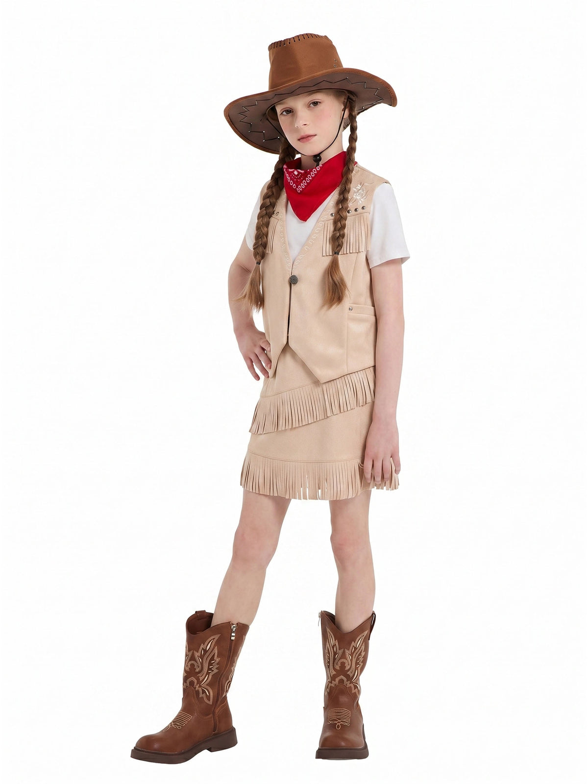 Cowgirl Outfits for Girls, Boho Western Fringe Vest Skirt 2Pcs Set