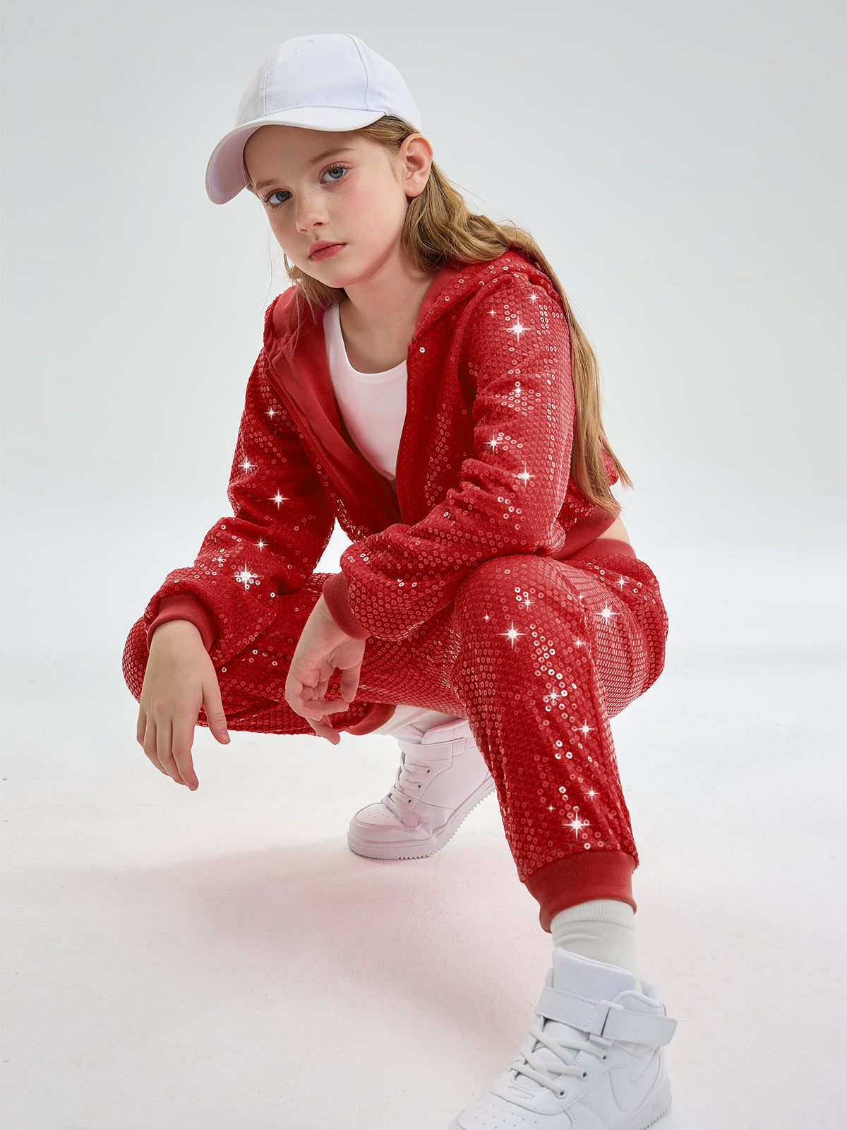 Girls 2Pcs Cropped Sequin Jacket Pants Set Hip Hop Dance Costumes