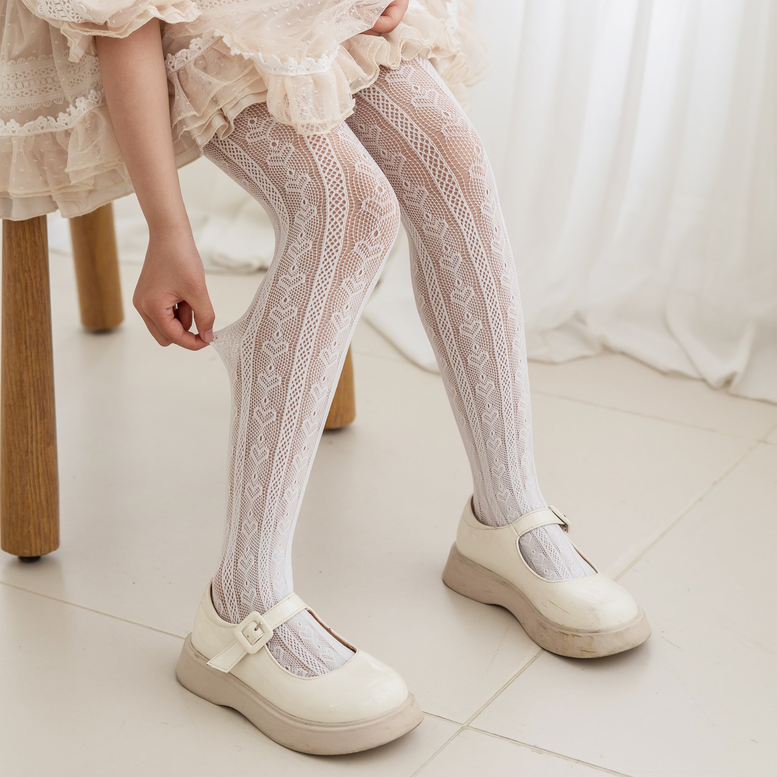 Girls Lace Tights Kids Sheer Patterned Fishnet Stockings 2 Pack Hollow Dance Pantyhose