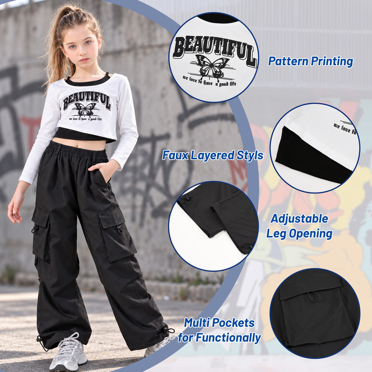 Girls 2 Piece Hip Hop Dance Outfits Long Sleeve Crop Top Cargo Pants Set