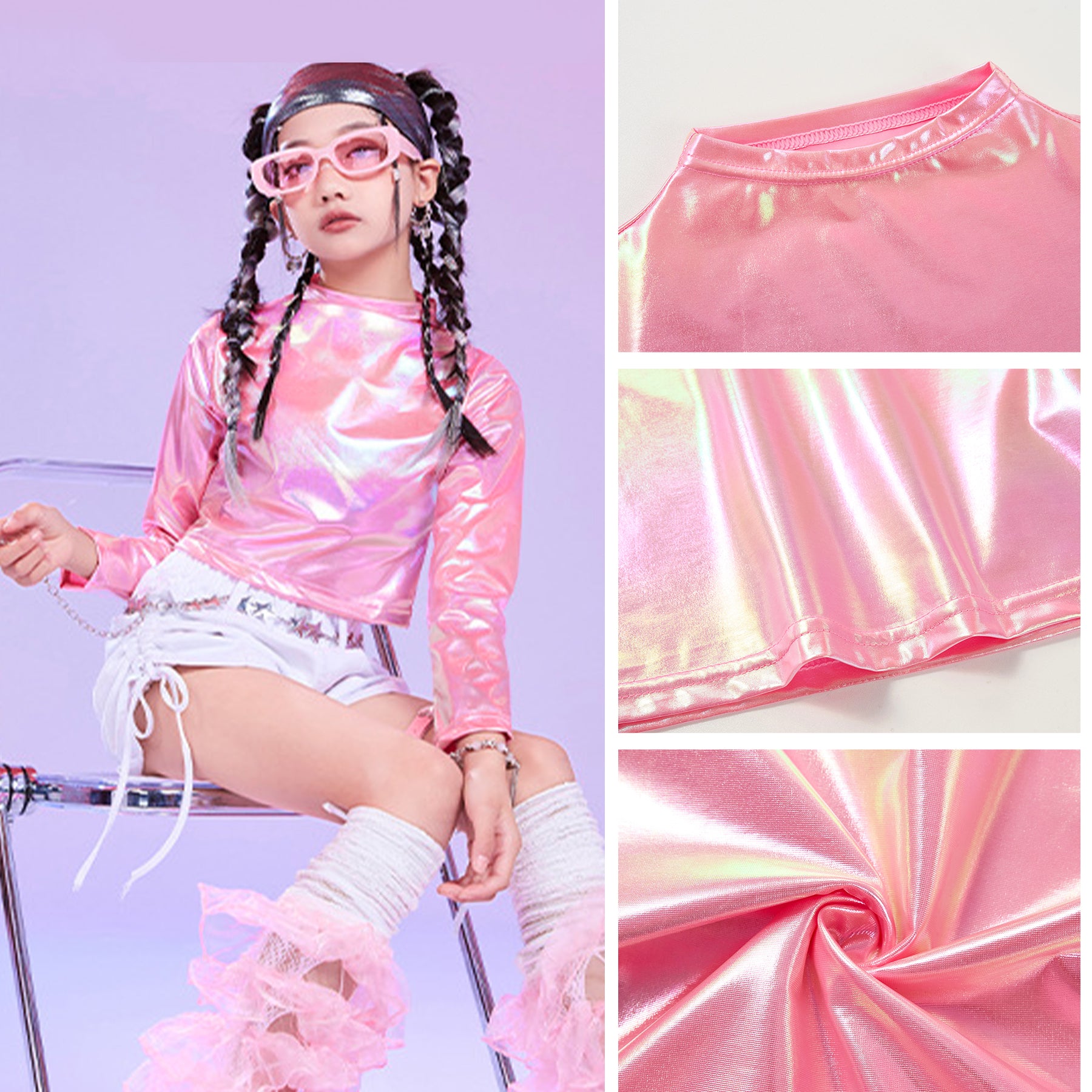 Metallic Dance Tops for Girls Long Sleeve Cropped Top