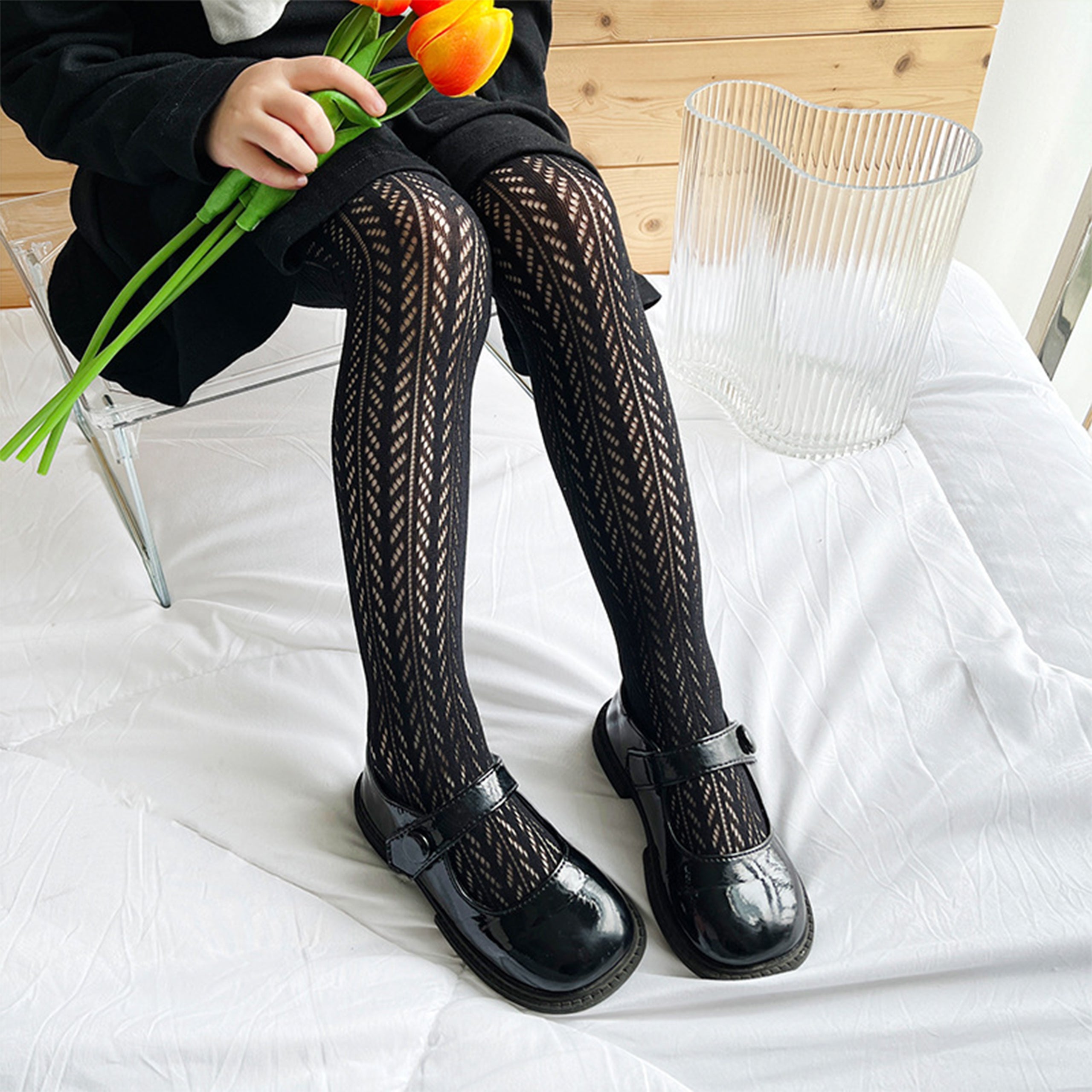 Girls Lace Tights Kids Sheer Patterned Fishnet Stockings 2 Pack Hollow Dance Pantyhose