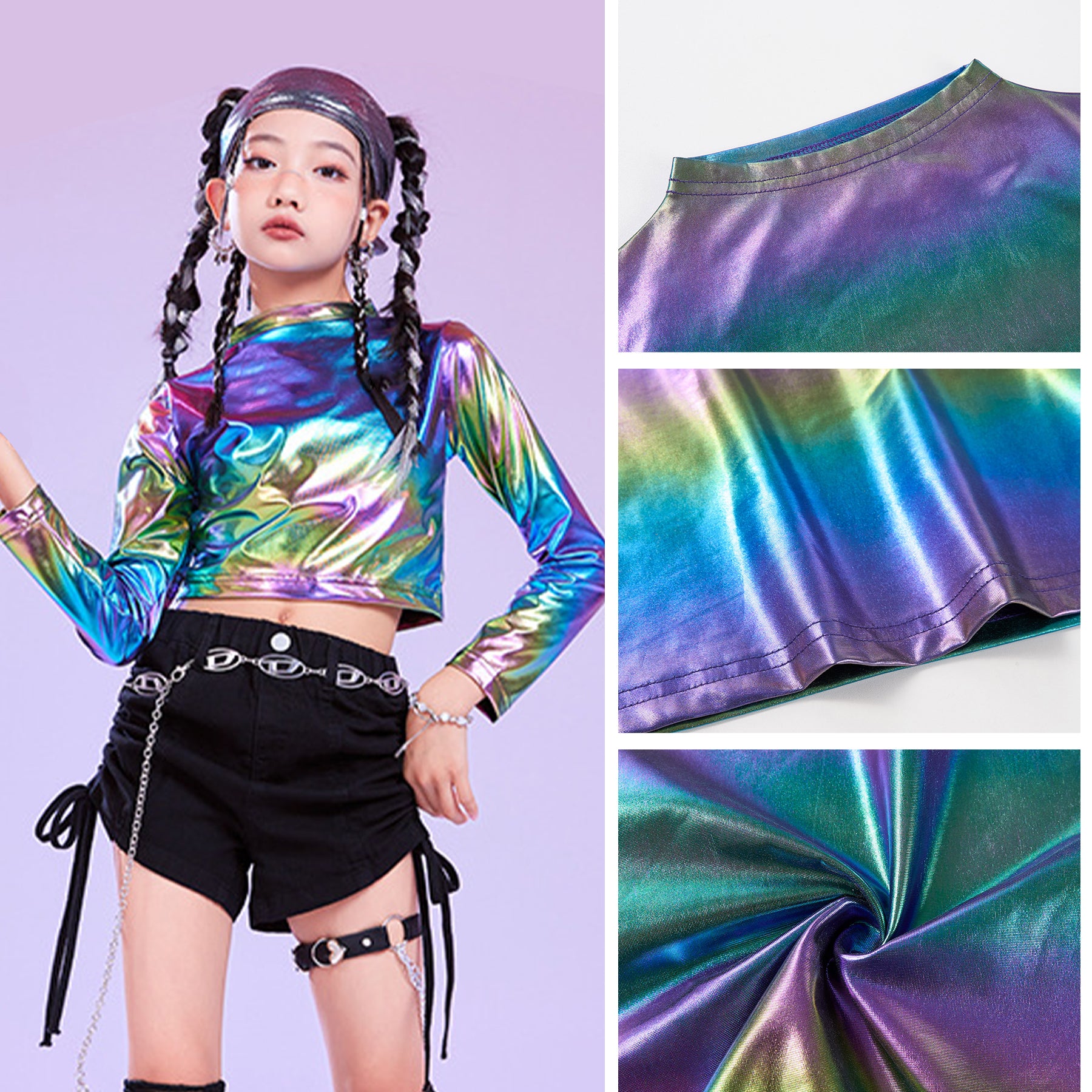 Metallic Dance Tops for Girls Long Sleeve Cropped Top