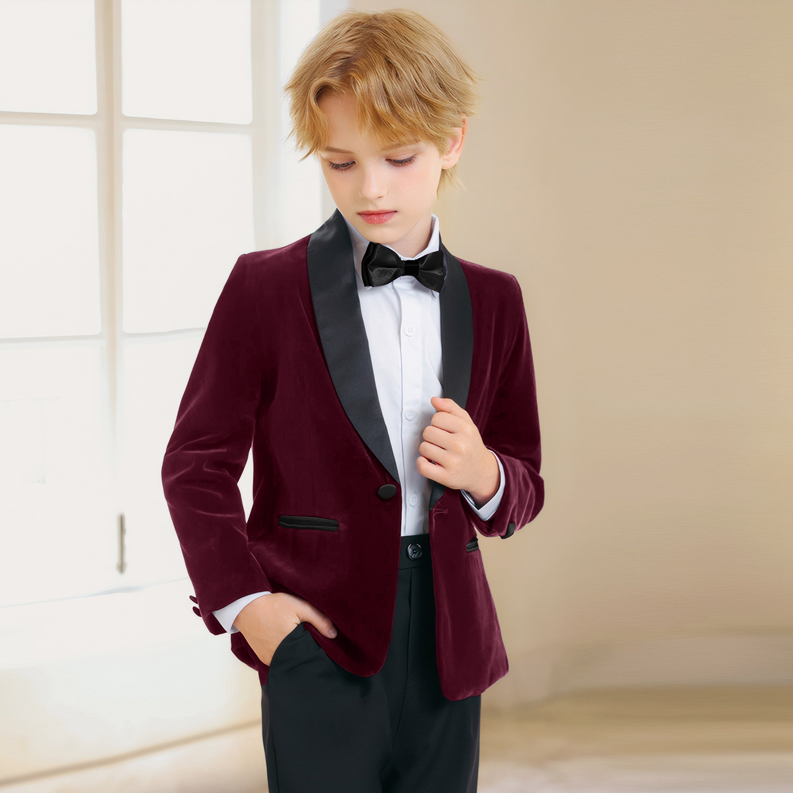 Boys 4 Piece Velvet Suit Formal Tuxedo Kids Slim Fit Blazer Dress Shirt Pants Outfit