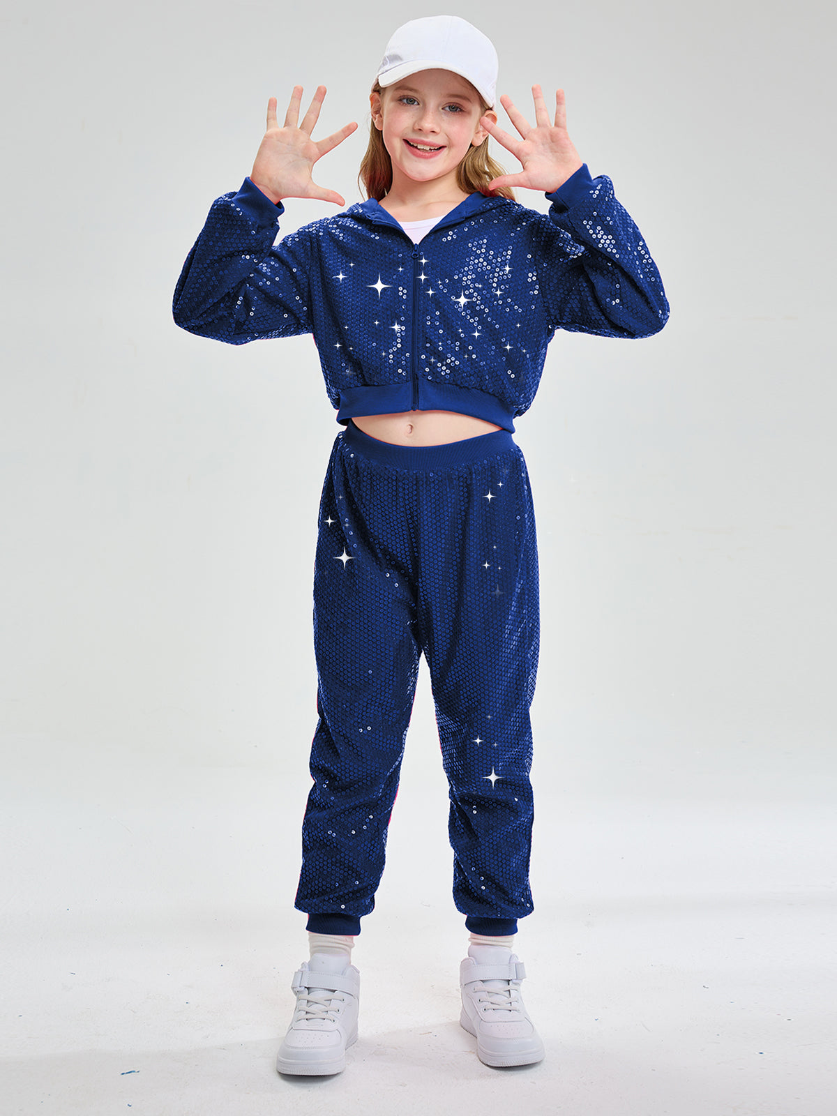 Girls 2Pcs Cropped Sequin Jacket Pants Set Hip Hop Dance Costumes