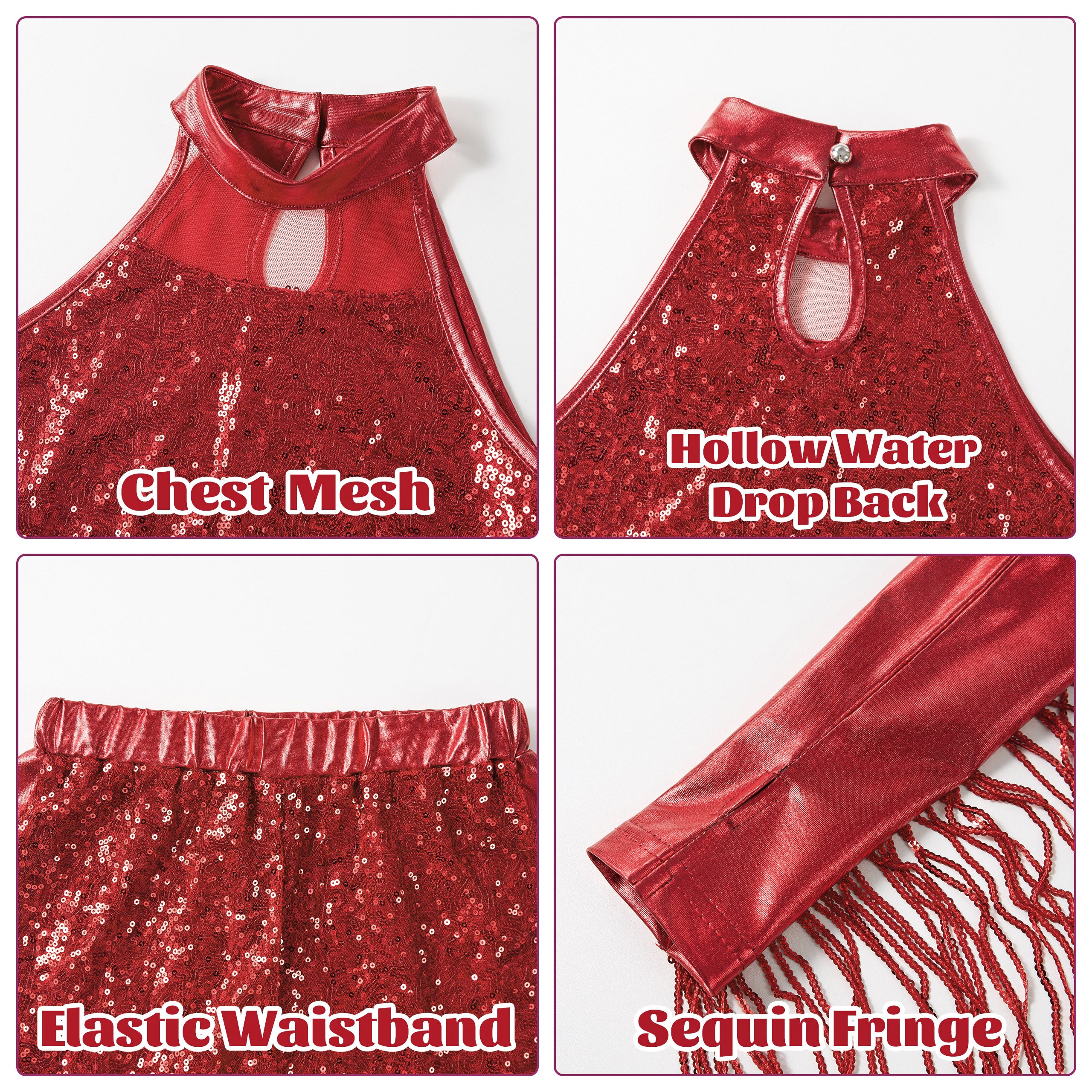 Girls’ Sequin Dance Outfit Crop Sequin Top Metallic Shorts with Tassel Arm Sleeves