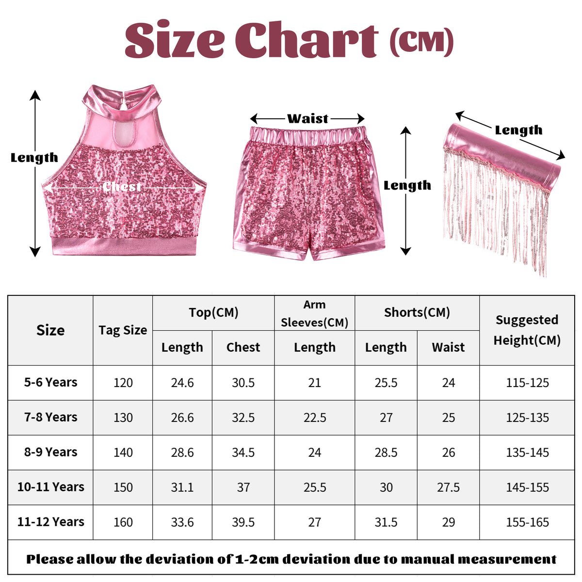 Girls’ Sequin Dance Outfit Crop Sequin Top Metallic Shorts with Tassel Arm Sleeves