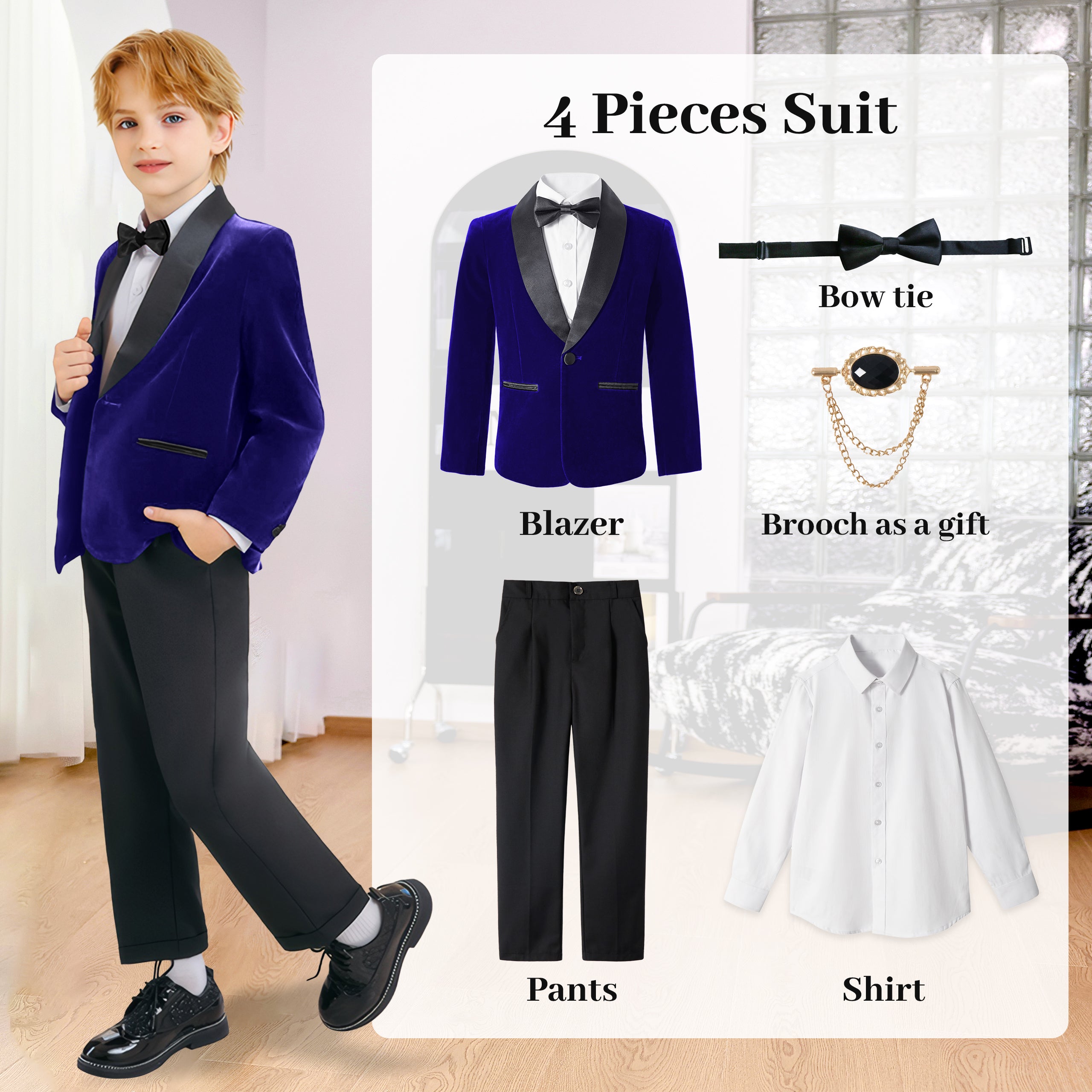 Boys 4 Piece Velvet Suit Formal Tuxedo Kids Slim Fit Blazer Dress Shirt Pants Outfit