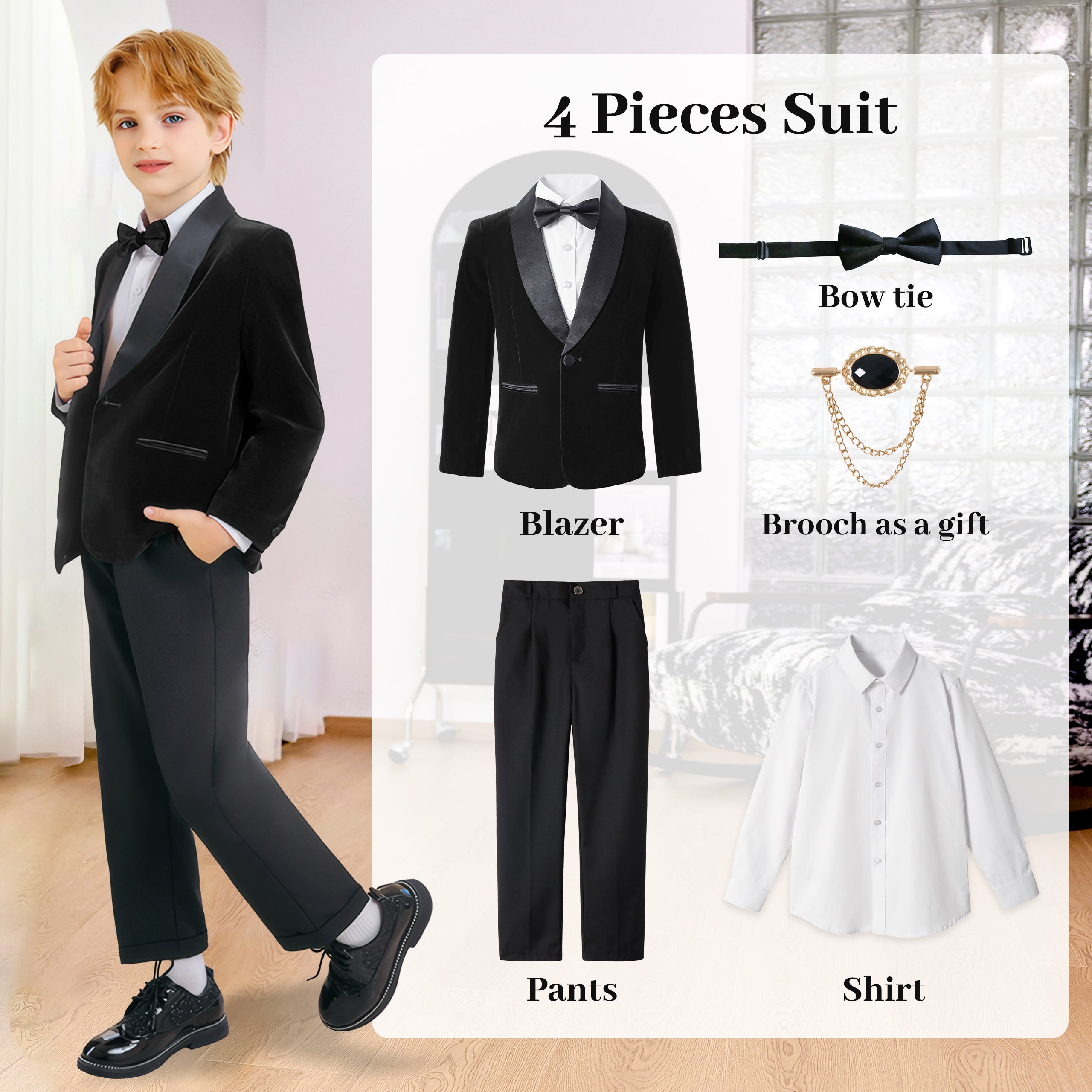 Boys 4 Piece Velvet Suit Formal Tuxedo Kids Slim Fit Blazer Dress Shirt Pants Outfit