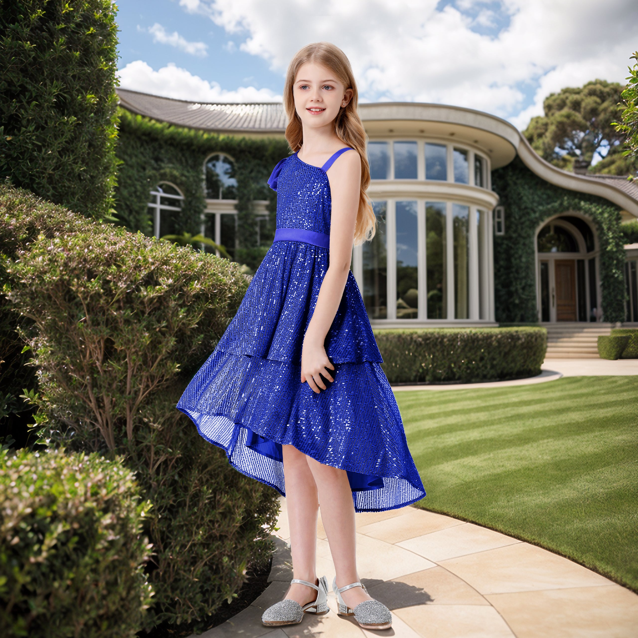 Girls Sequin Dress One Shoulder Layered Sparkle High Low Dresses