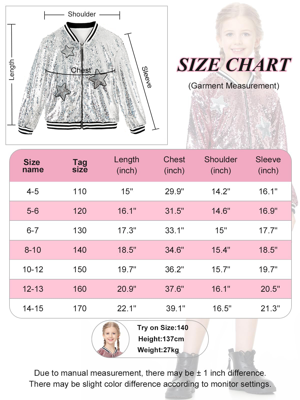 Girls Sequin Jacket Long Sleeve Kids Bomber Coats