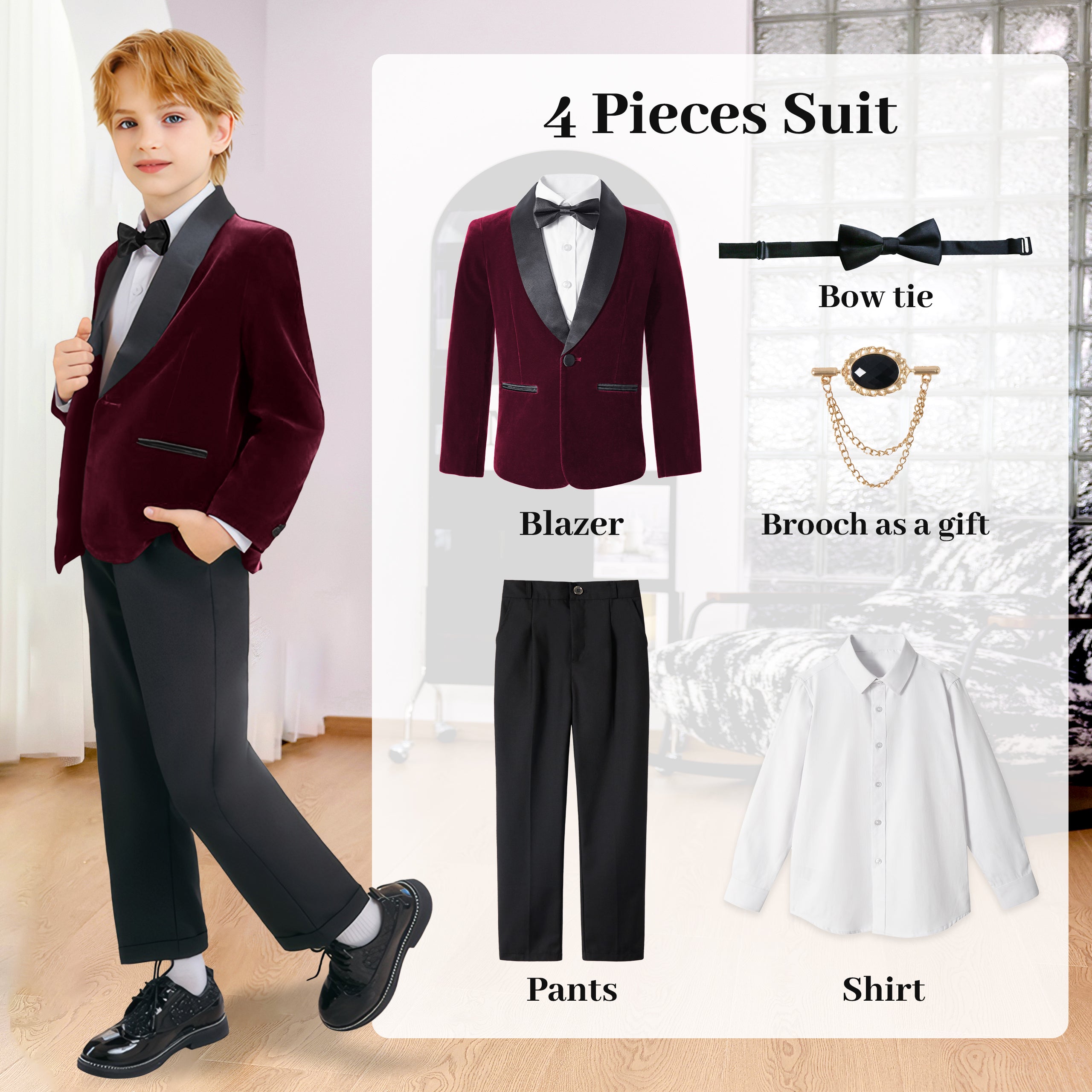 Boys 4 Piece Velvet Suit Formal Tuxedo Kids Slim Fit Blazer Dress Shirt Pants Outfit