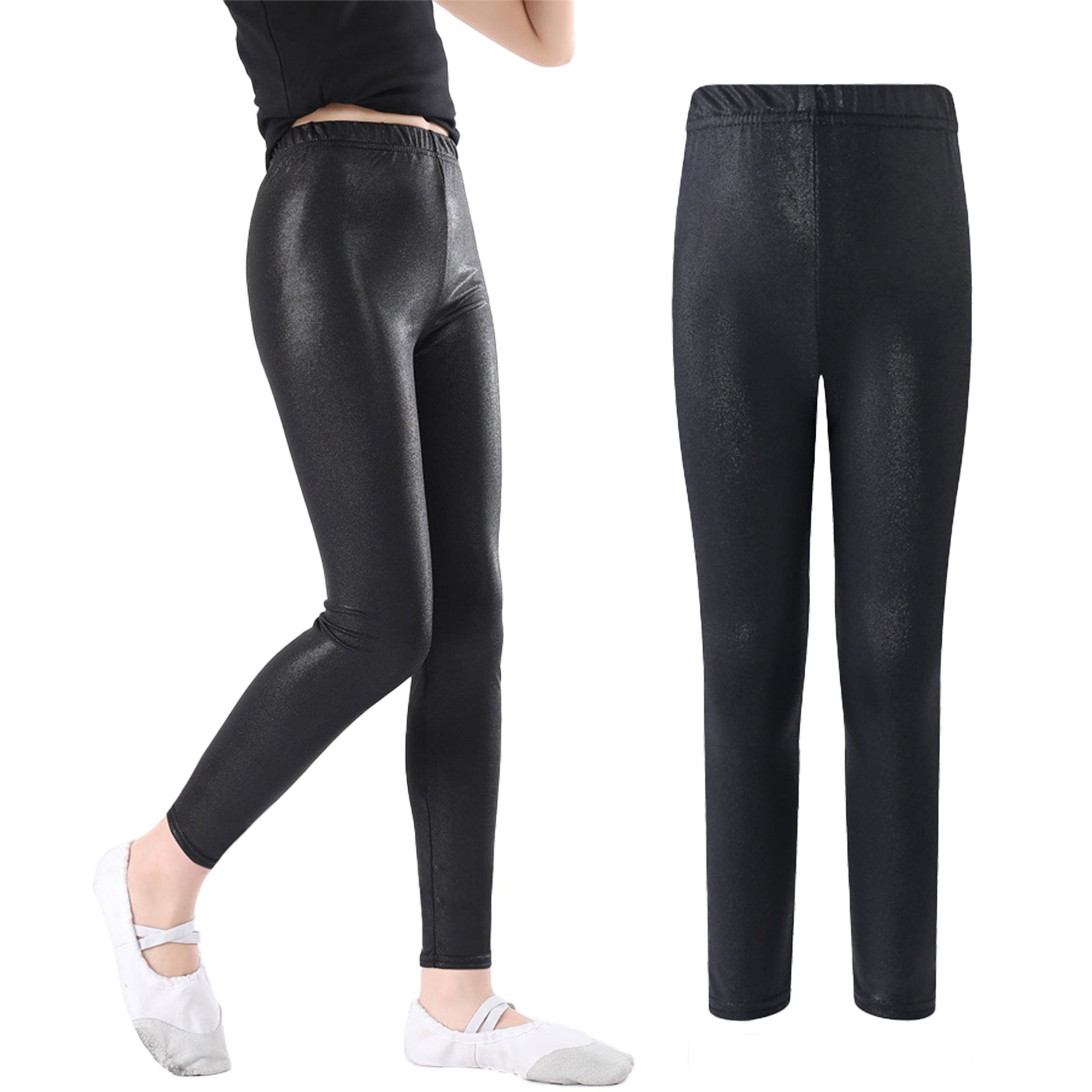 Girls Metallic Leggings Ankle Length Shiny Dance Pants